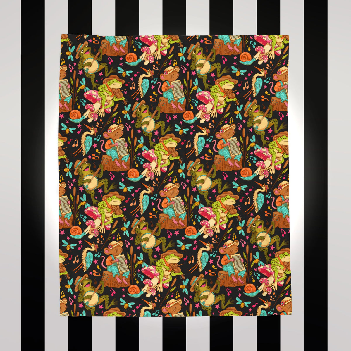 Swamp Jamboree Velveteen Plush Blanket — Colorful Frog Bluegrass Dopamine Band Pattern