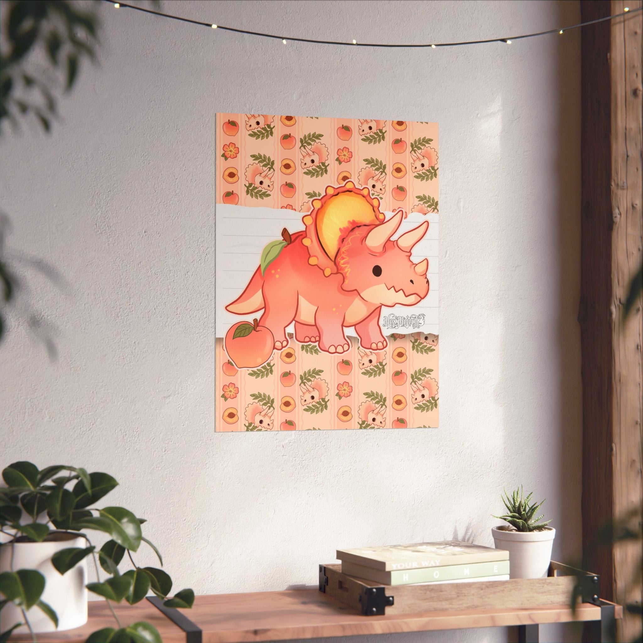 Peach Triceratops Dinosaur Matte Vertical Poster Art Print. Peachasaurus.