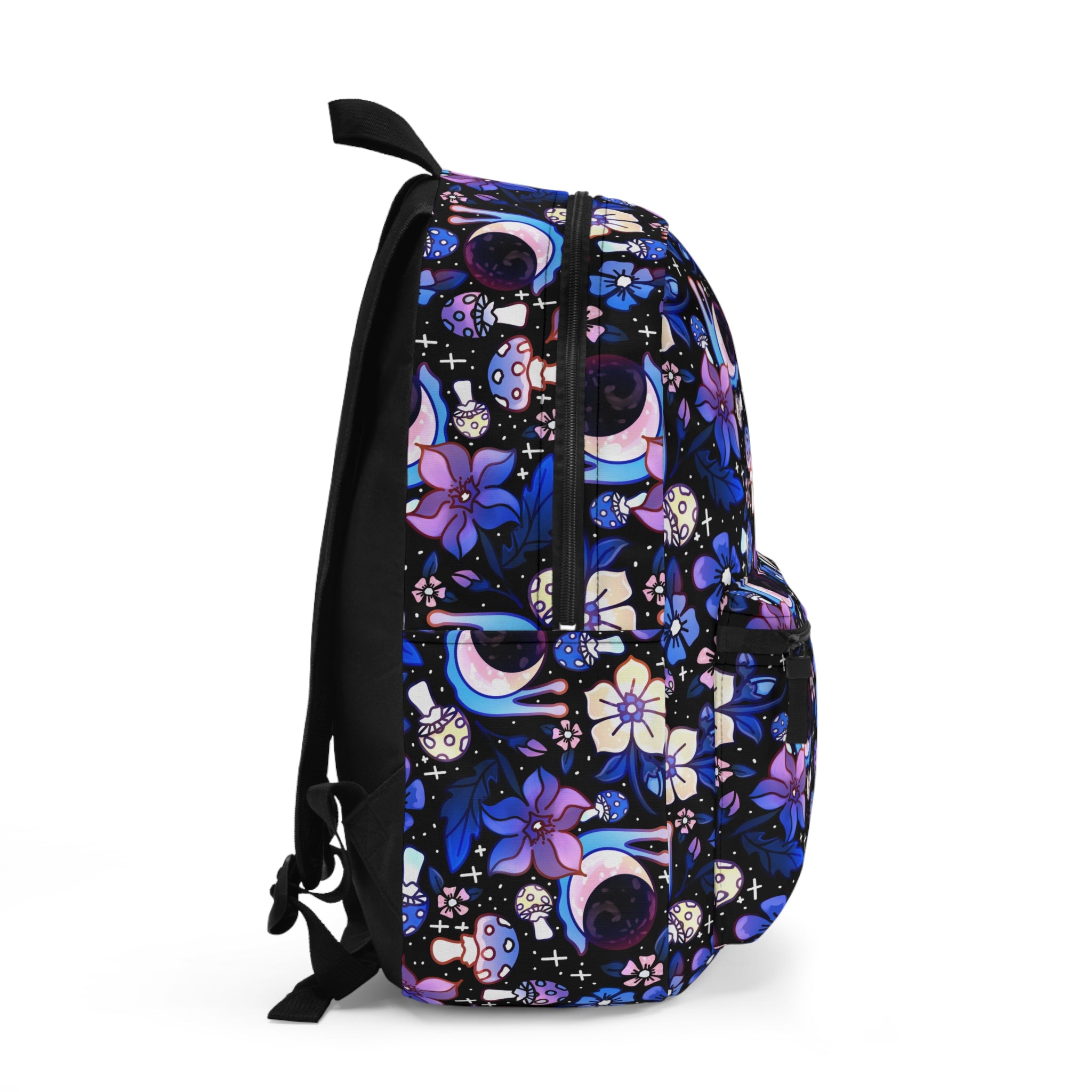 Moonshell Celestial Floral Backpack — Moon, Mushrooms, Snails, & Purple Flowers Printed School Bag