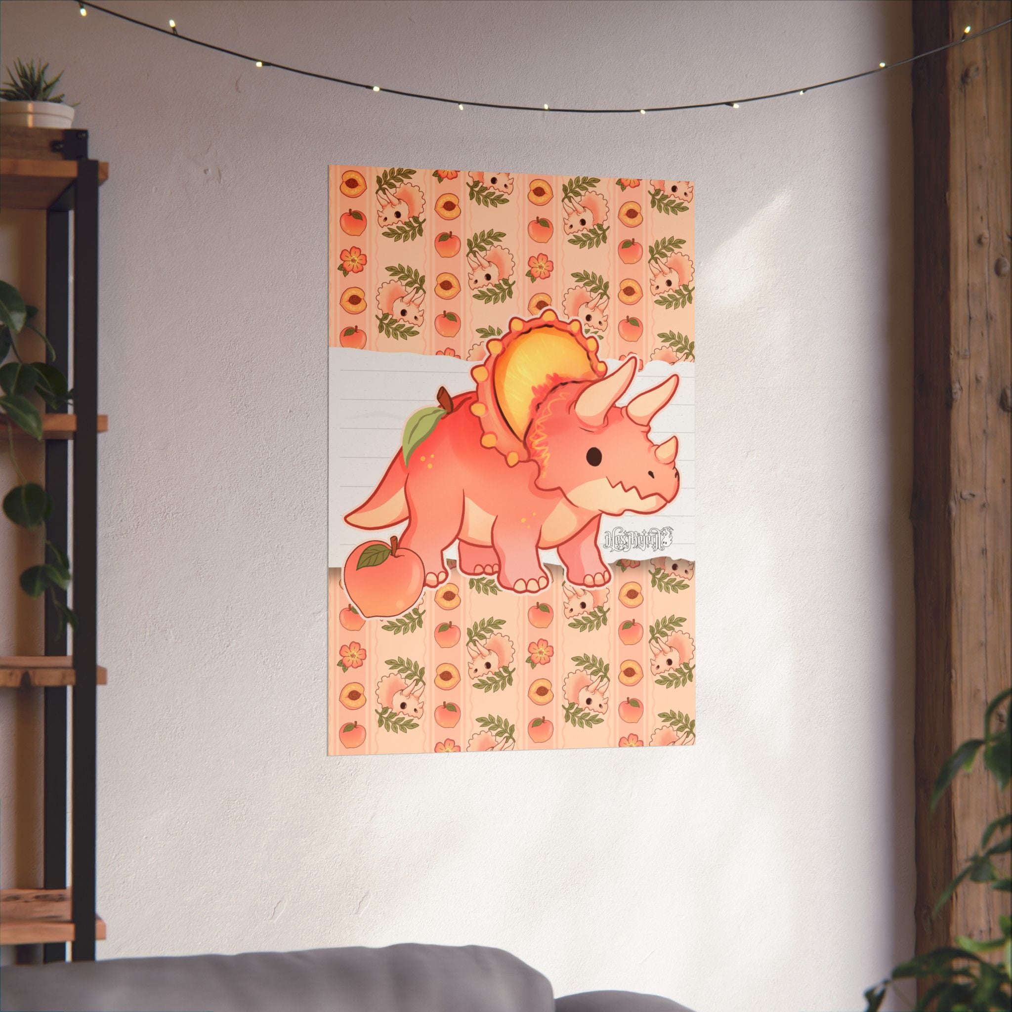 Peach Triceratops Dinosaur Matte Vertical Poster Art Print. Peachasaurus.