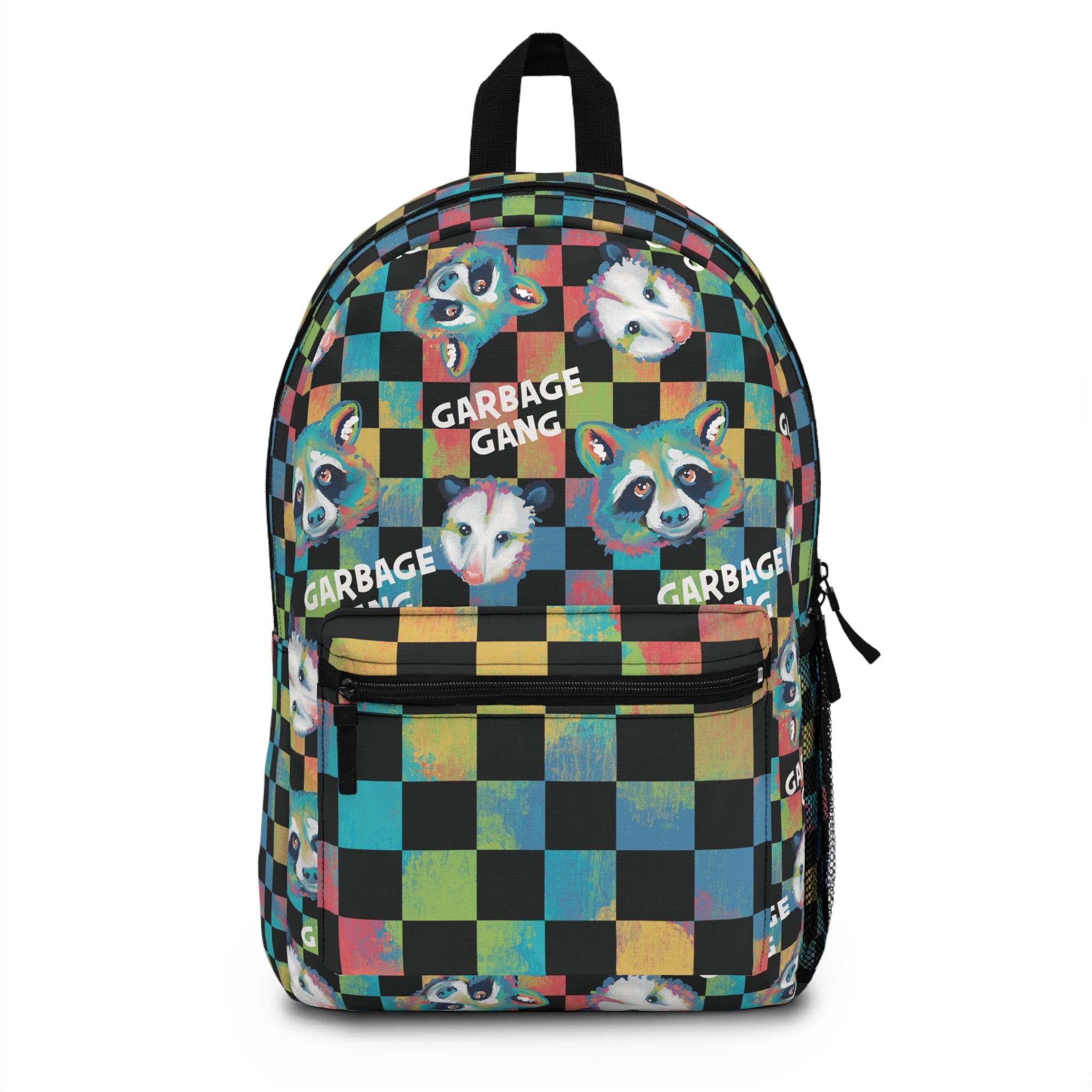 Checkerboard Raccoon "Garbage Gang" Backpack — Colorful Urban Streetwear Bag