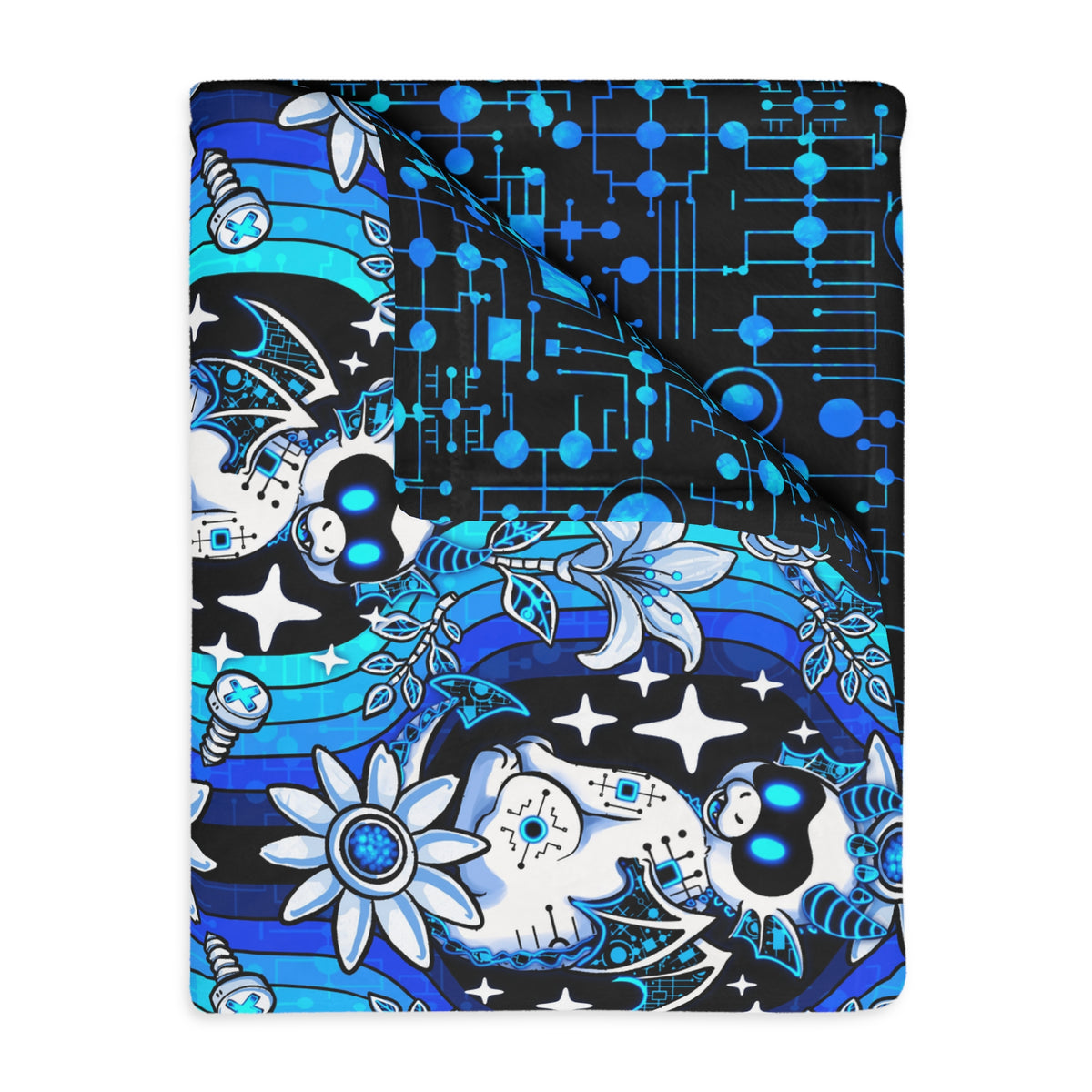 Mystic Robotic Dragon Moon Blanket — Reversible Blue Celestial Microfiber Throw