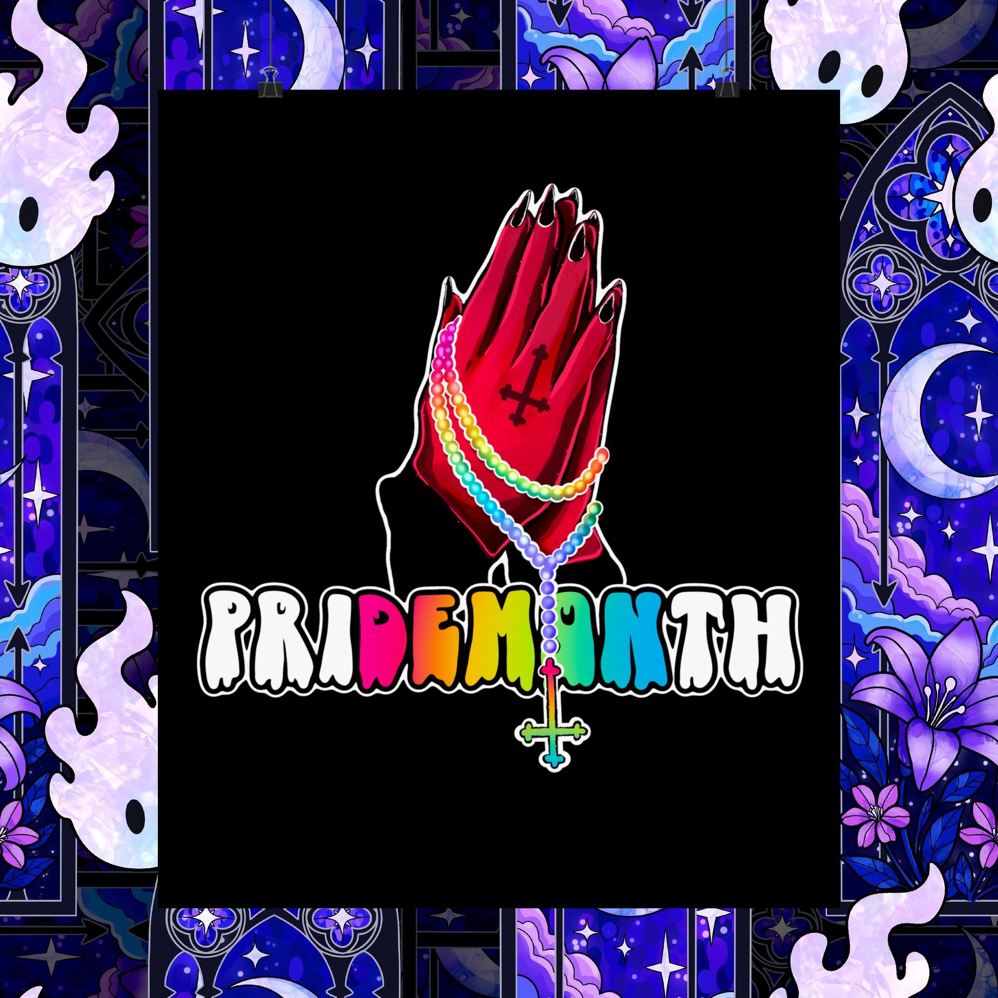 priDEMONth Poster — Rainbow 'Pride Month' Praying Hands Matte Vertical Poster