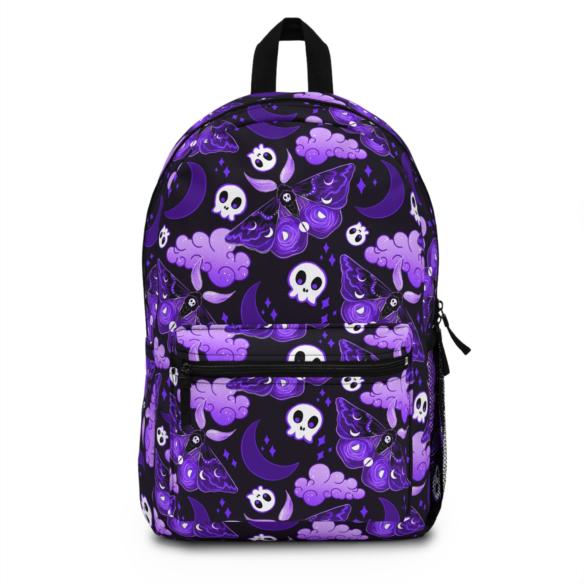 Purple Gothic Moth Backpack — Skull, Moon & Cloud Pattern