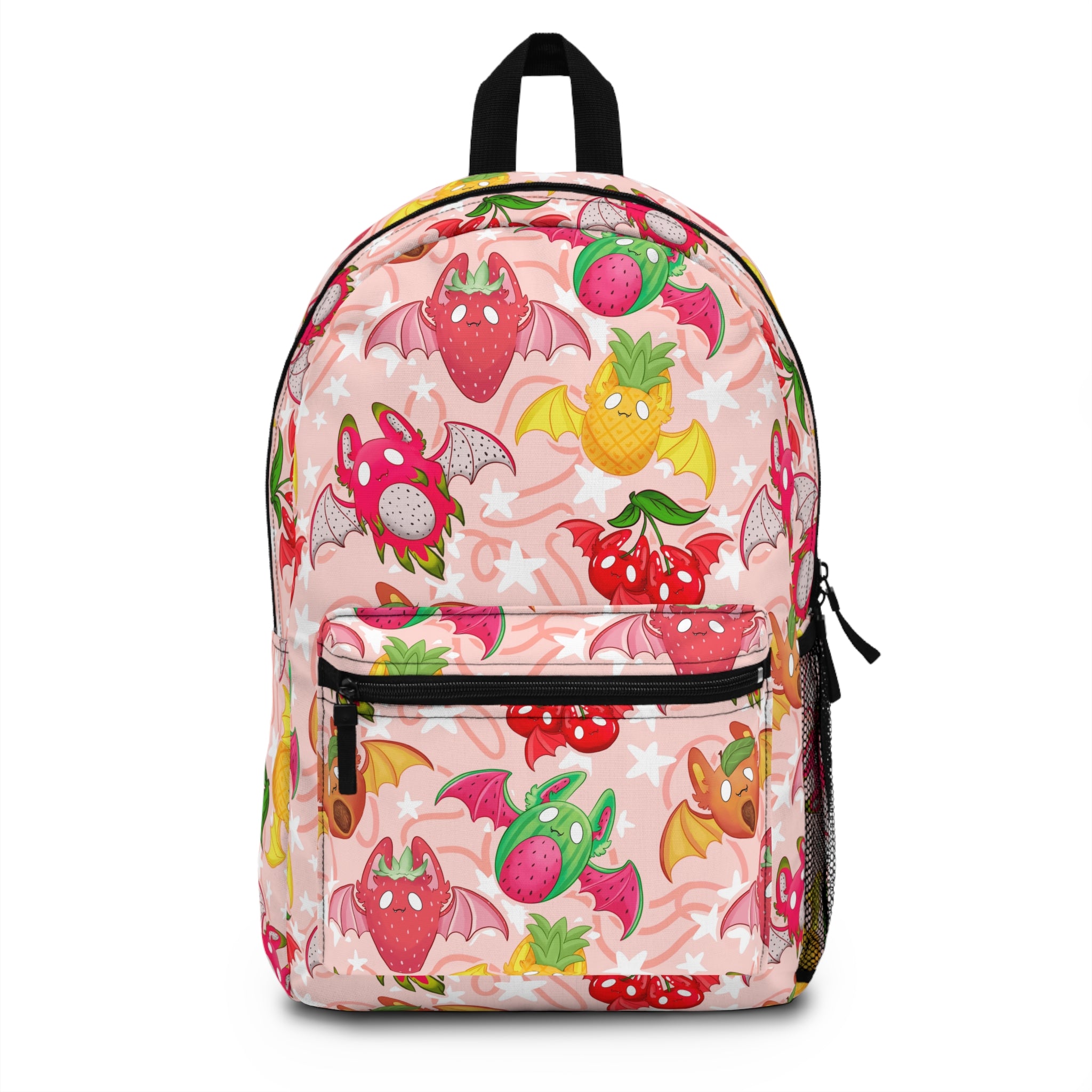 Cute Fruit Bat Pattern Backpack — Pink Strawberry & Pineapple Cartoon School Bag
