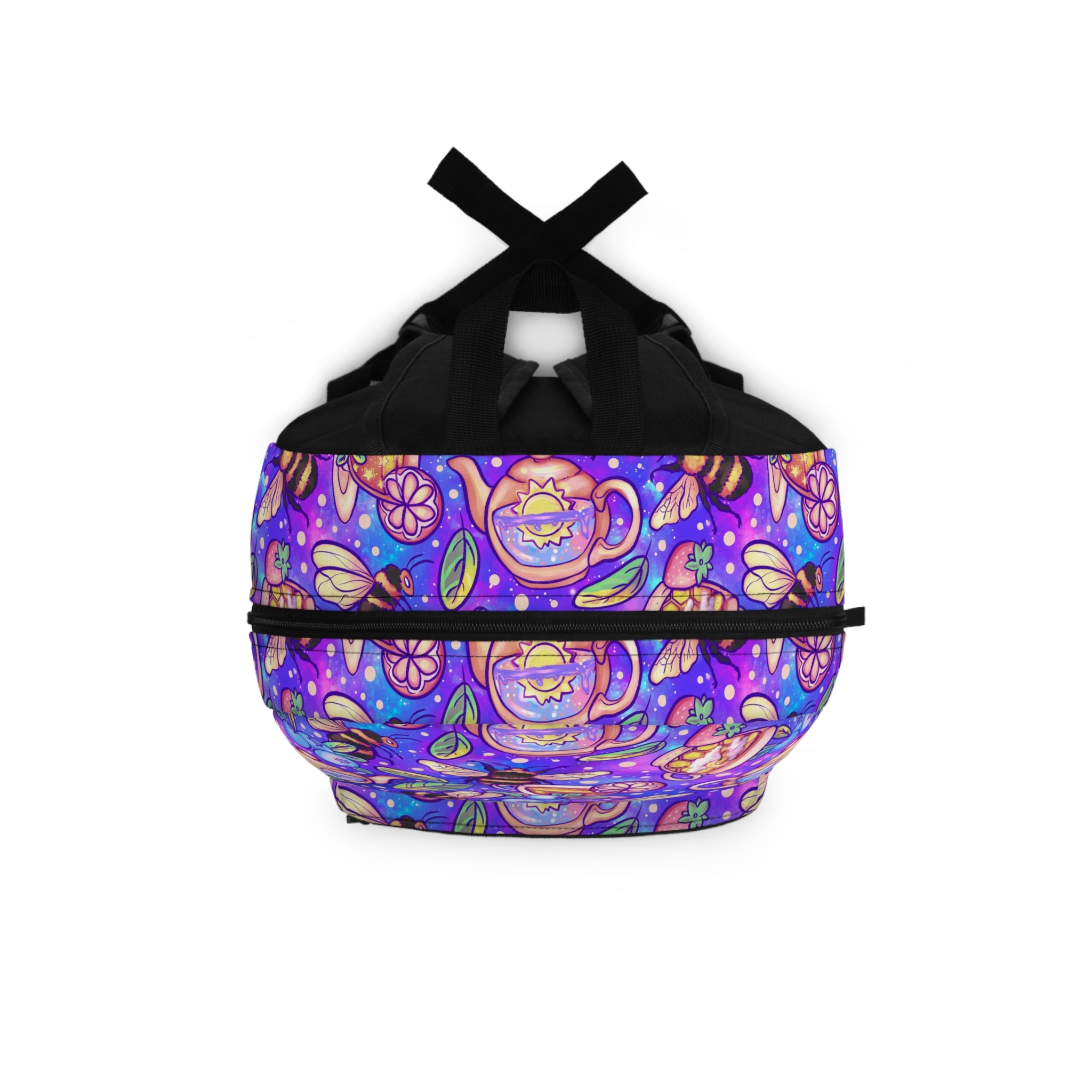 Purple Bees, Teas & Galaxies Backpack — Cute Floral Tea Party Print, Colorful School Bag