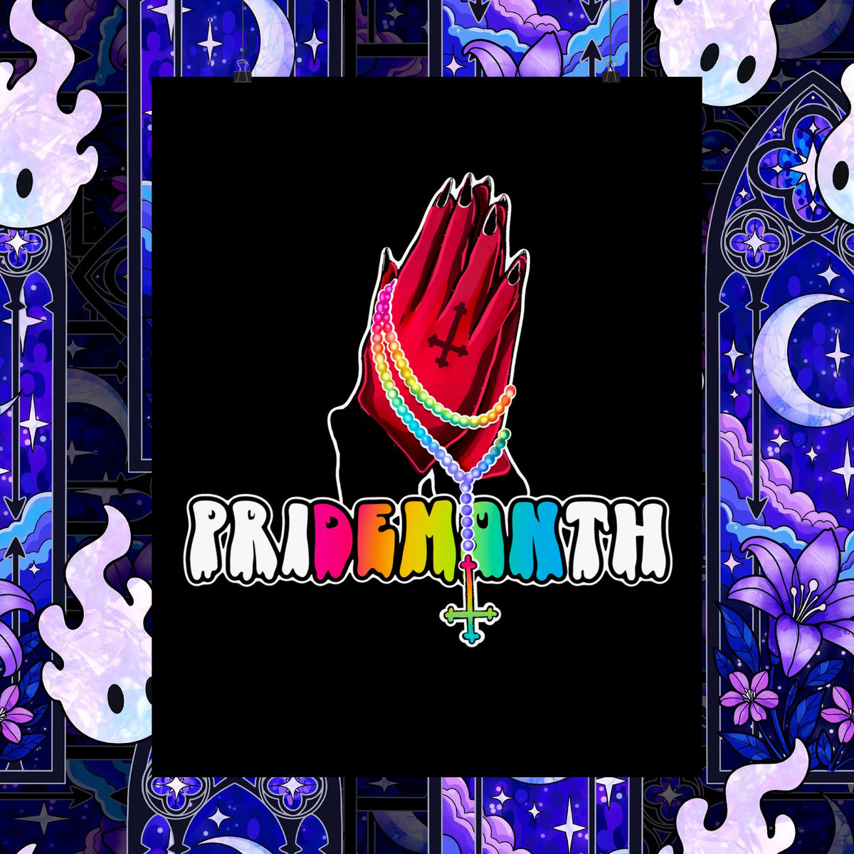 priDEMONth Poster — Rainbow 'Pride Month' Praying Hands Matte Vertical Poster