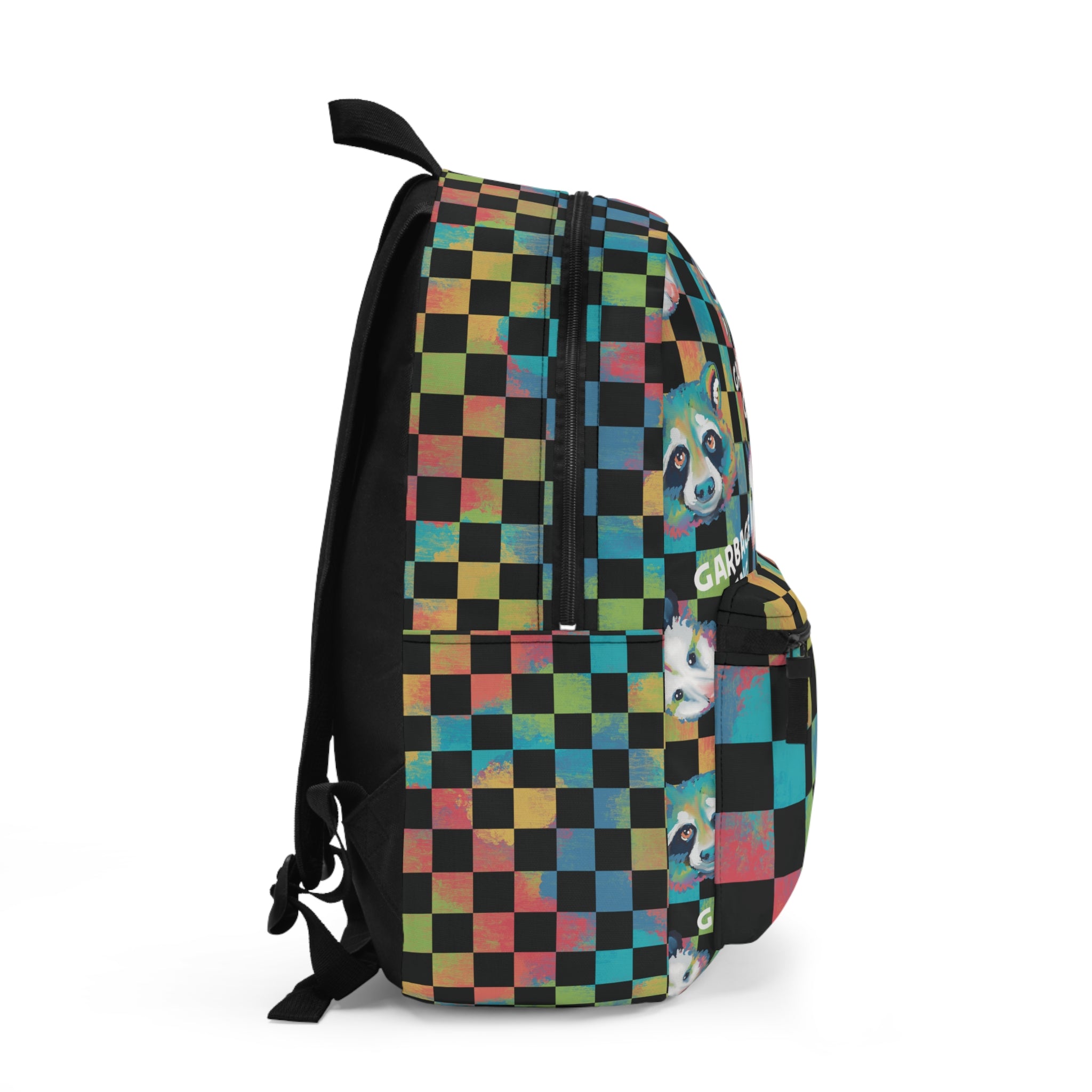 Checkerboard Raccoon "Garbage Gang" Backpack — Colorful Urban Streetwear Bag