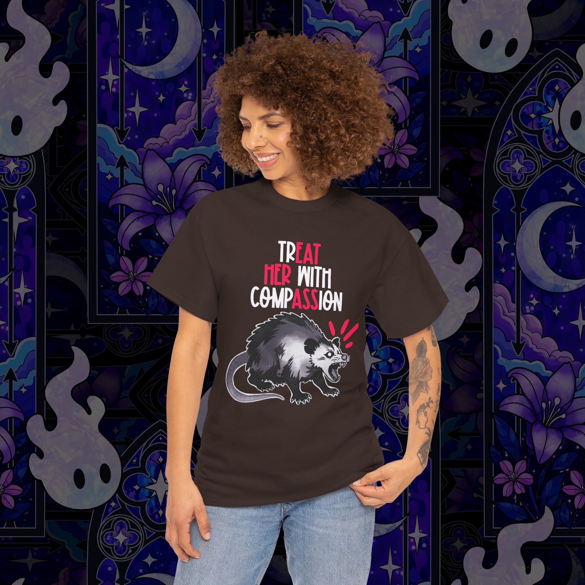 Treat Her With Compassion Opossum Tee — 'Treat Her With Compassion / Eat Her Ass' Graphic Tee Shirt