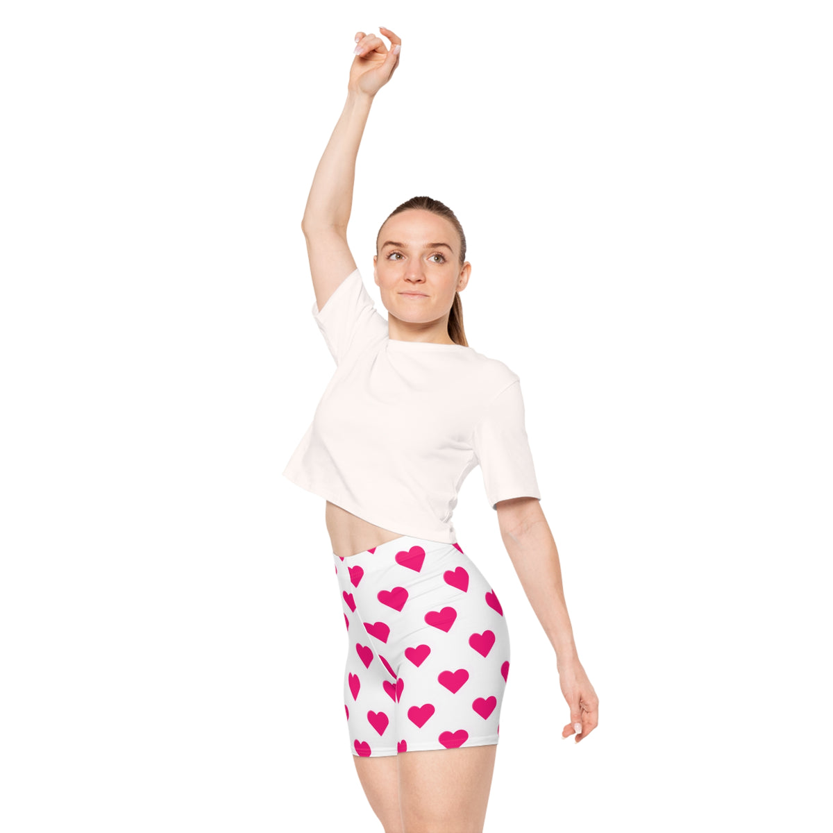 Women’s Heart Print Biker Shorts - Pink Hearts All-Over Print