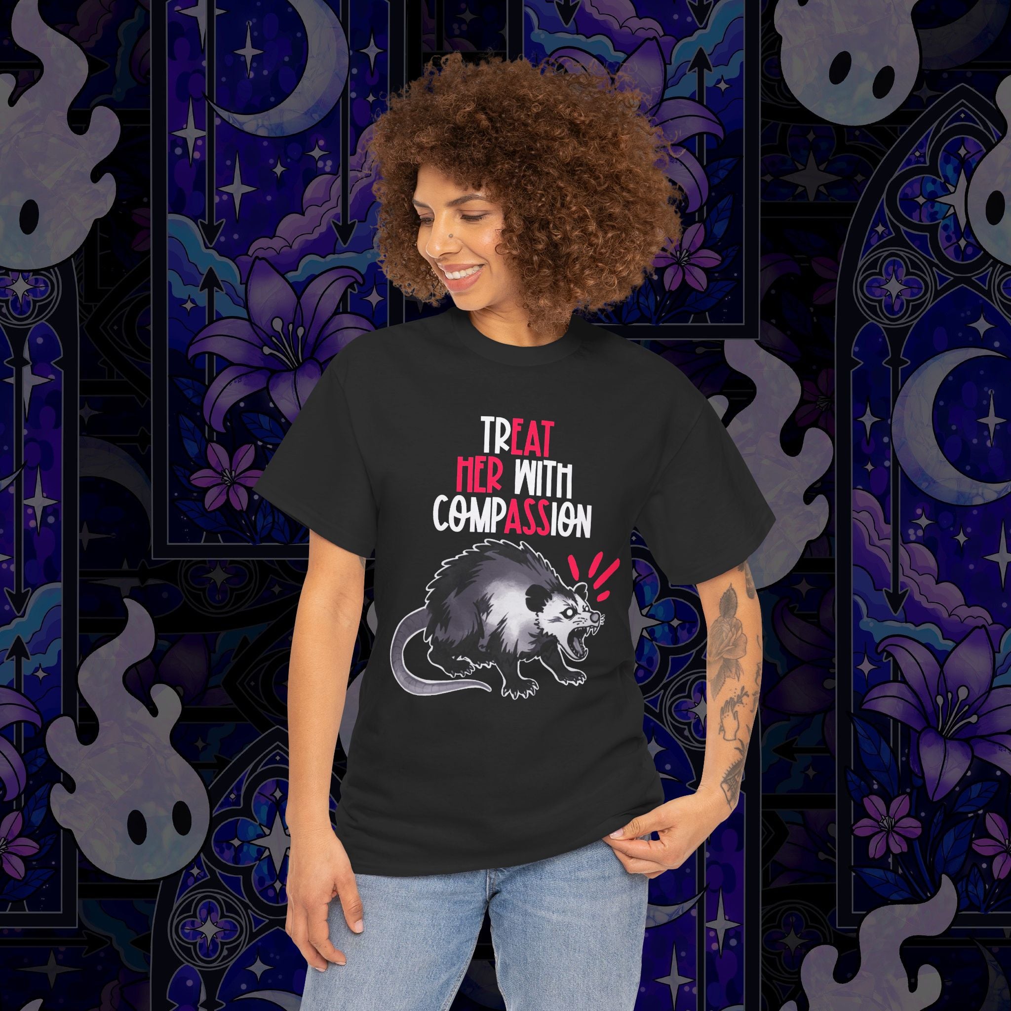 Treat Her With Compassion Opossum Tee — 'Treat Her With Compassion / Eat Her Ass' Graphic Tee Shirt