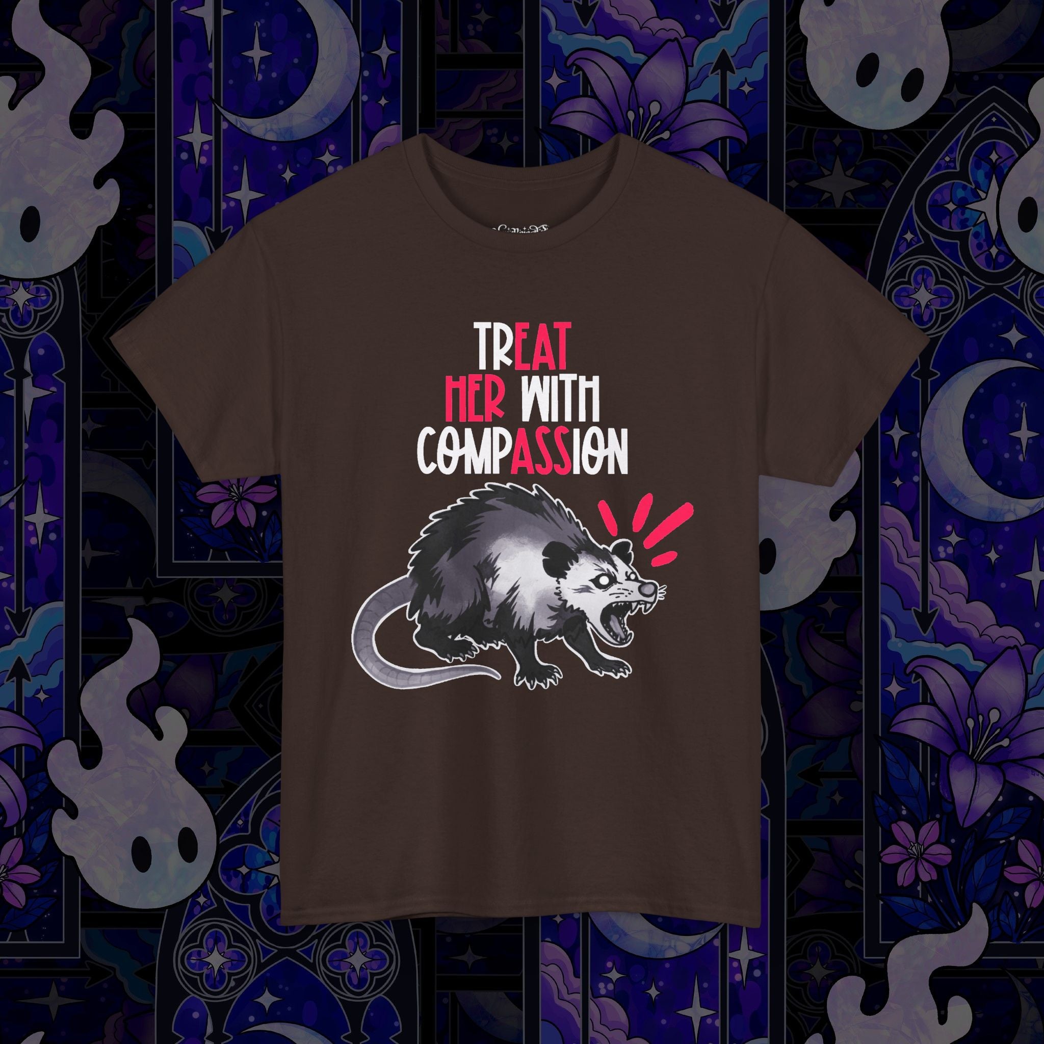 Treat Her With Compassion Opossum Tee — 'Treat Her With Compassion / Eat Her Ass' Graphic Tee Shirt