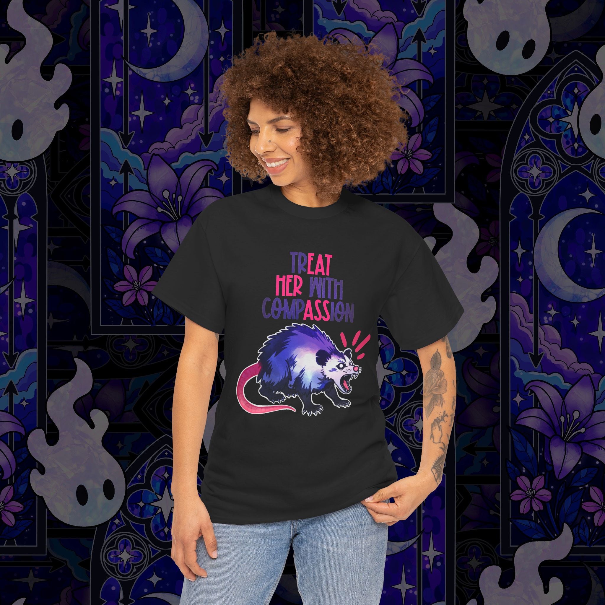 Purple/Pink Treat Her With Compassion Opossum Tee — 'Treat Her With Compassion / Eat Her Ass' Graphic Tee Shirt