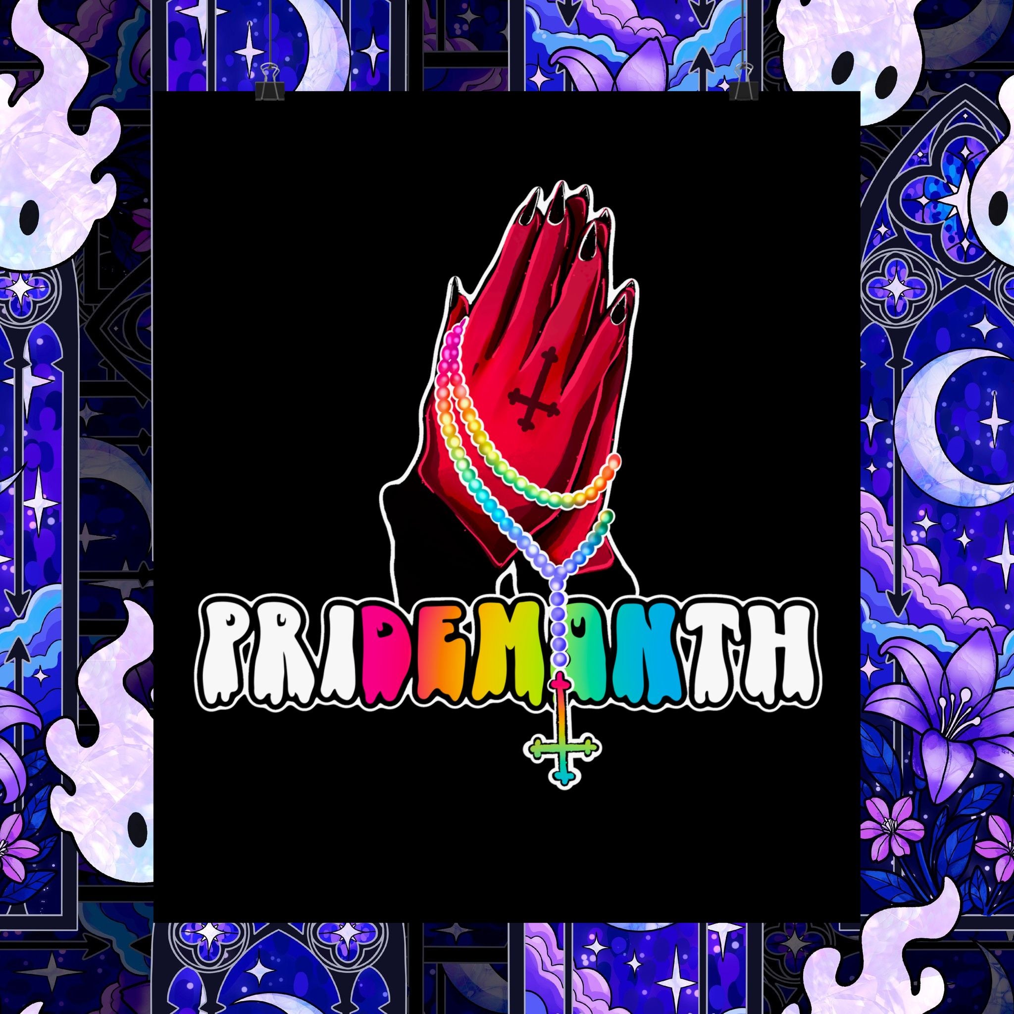 priDEMONth Poster — Rainbow 'Pride Month' Praying Hands Matte Vertical Poster
