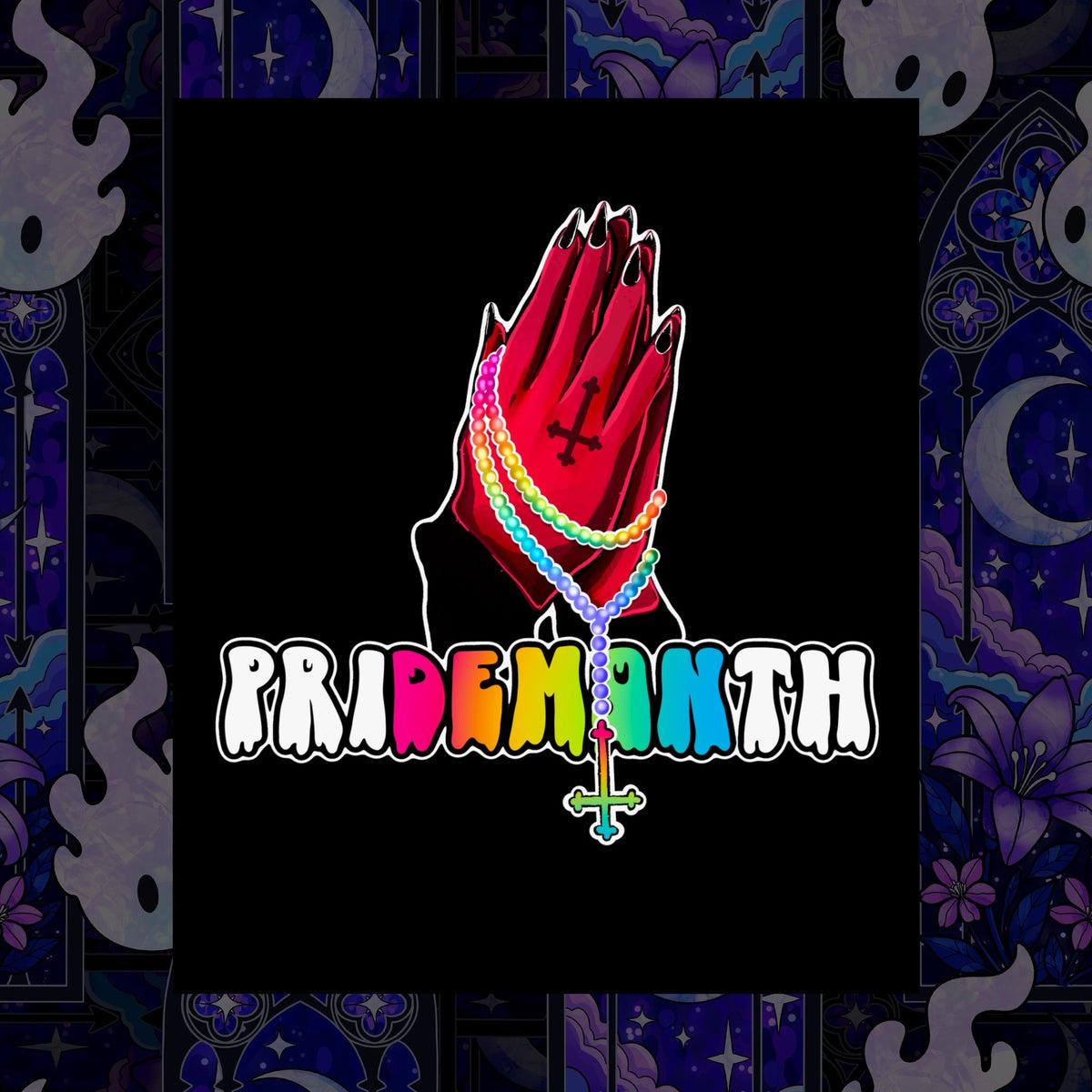 priDEMONth Poster — Rainbow 'Pride Month' Praying Hands Matte Vertical Poster