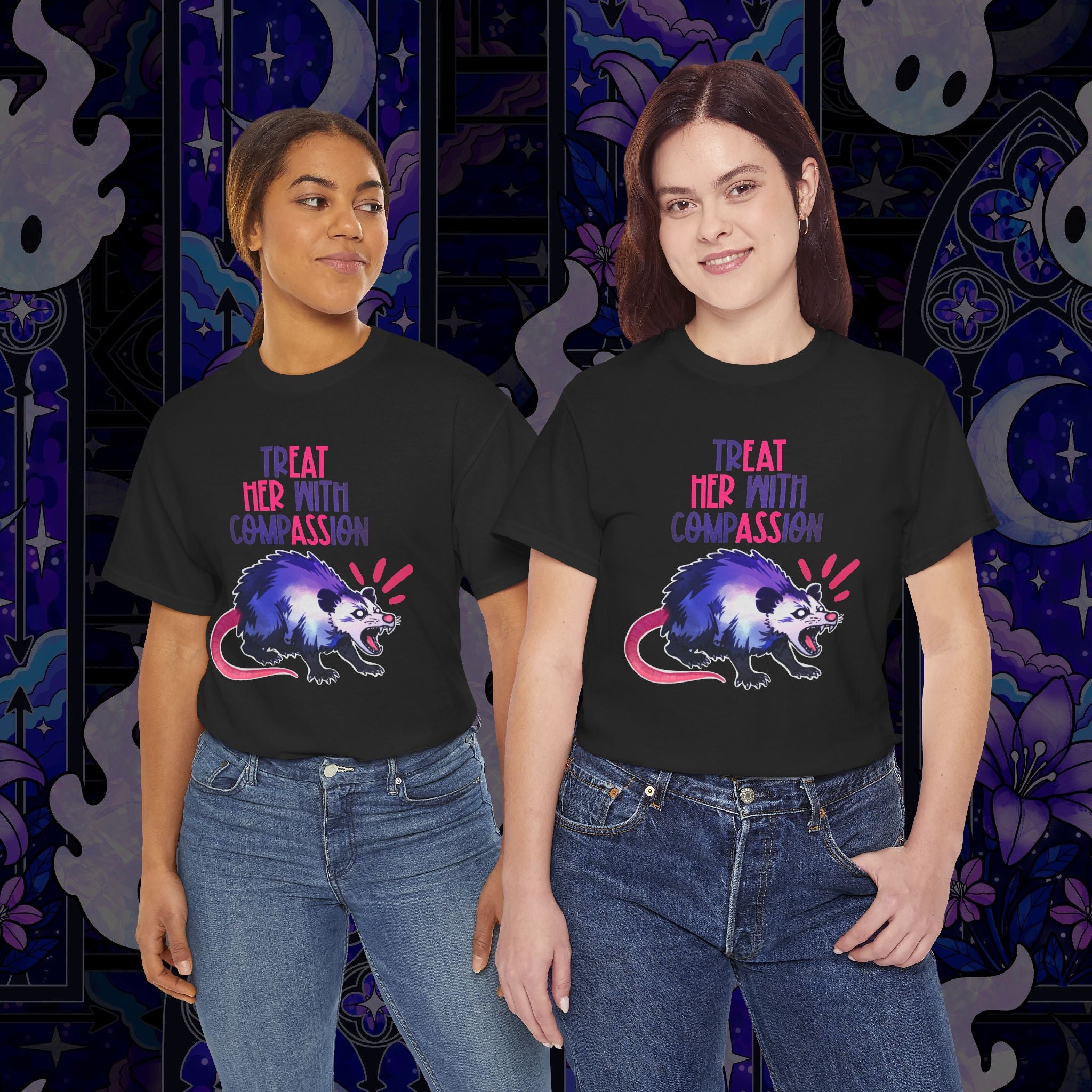 Purple/Pink Treat Her With Compassion Opossum Tee — 'Treat Her With Compassion / Eat Her Ass' Graphic Tee Shirt