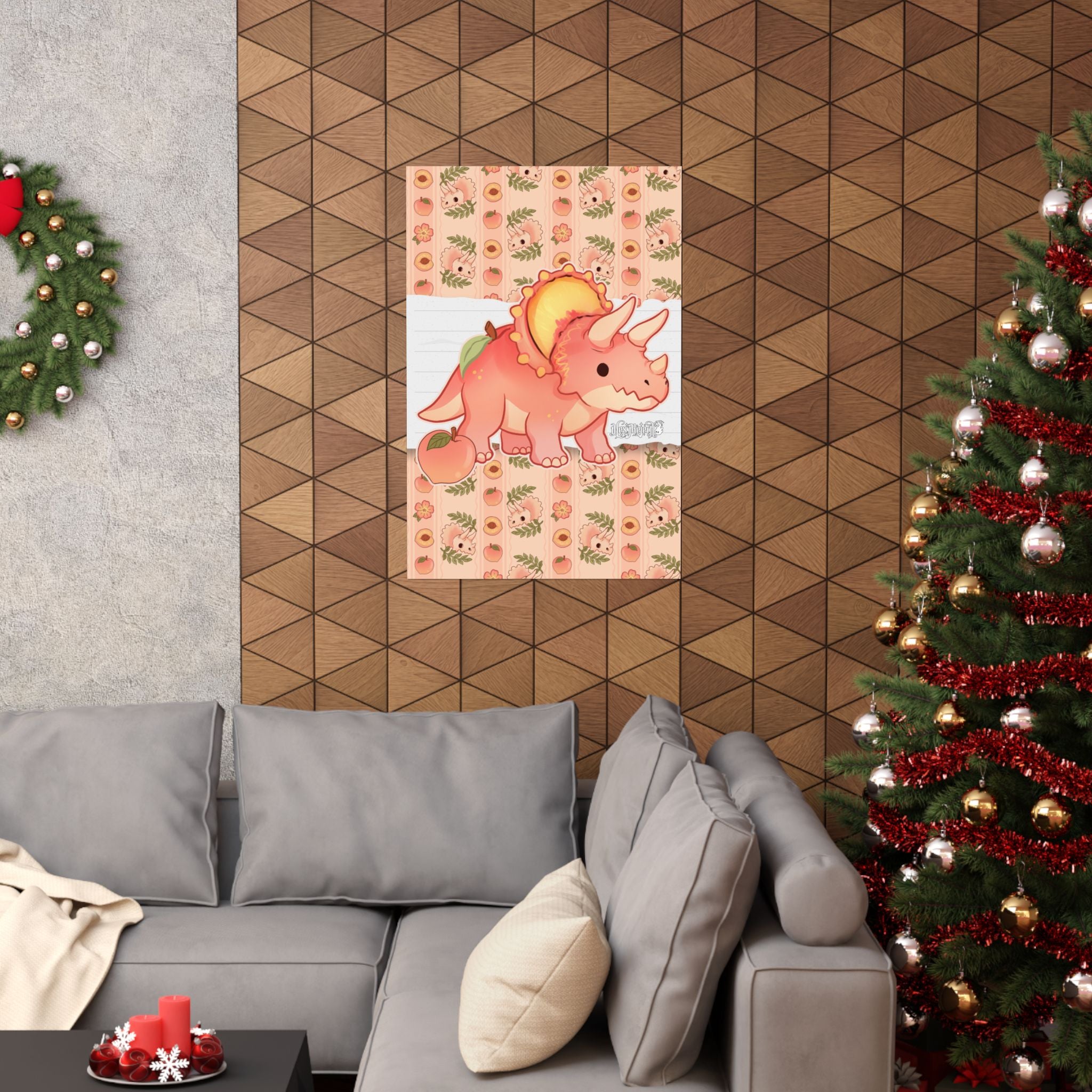 Peach Triceratops Dinosaur Matte Vertical Poster Art Print. Peachasaurus.