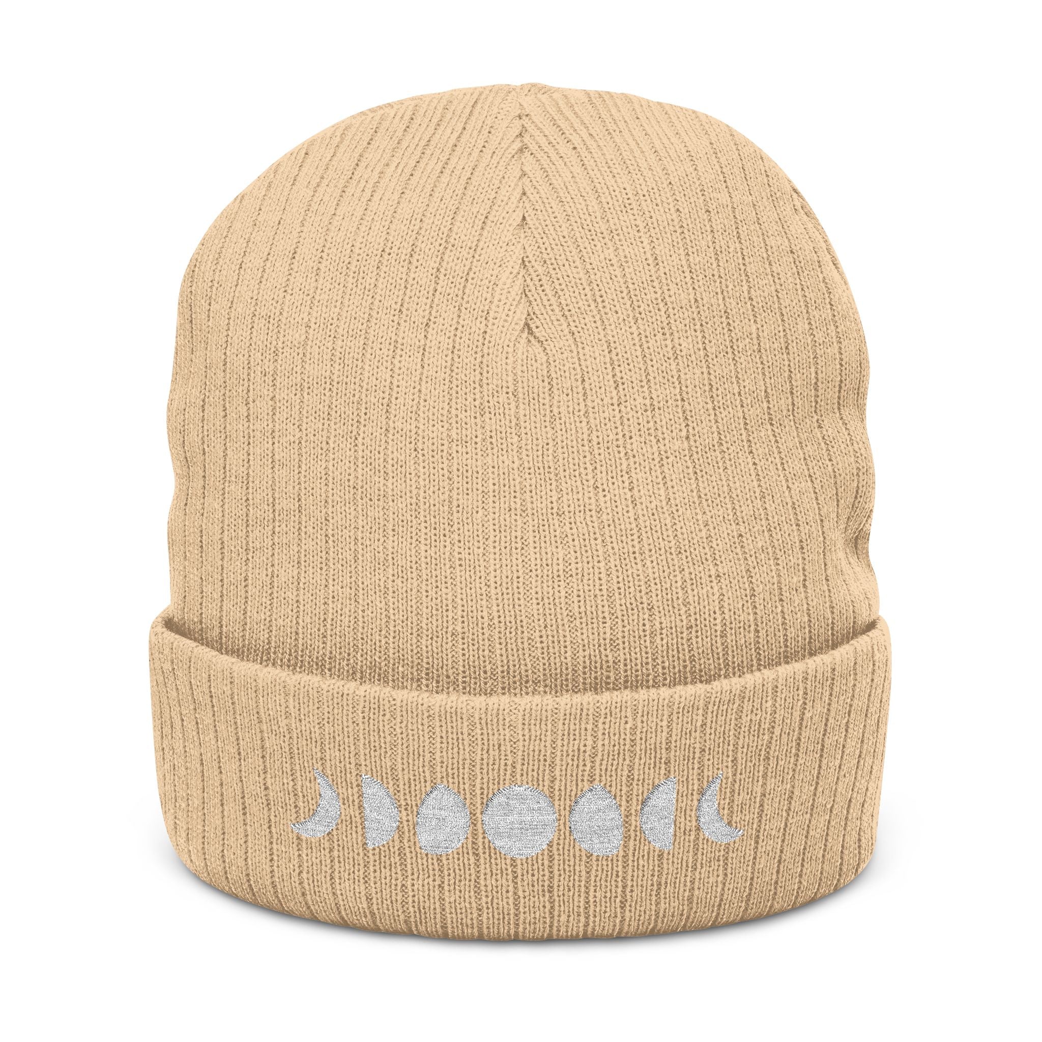 Moon Phases Ribbed Knit Beanie – Stylish Embroidered Cap for All Seasons