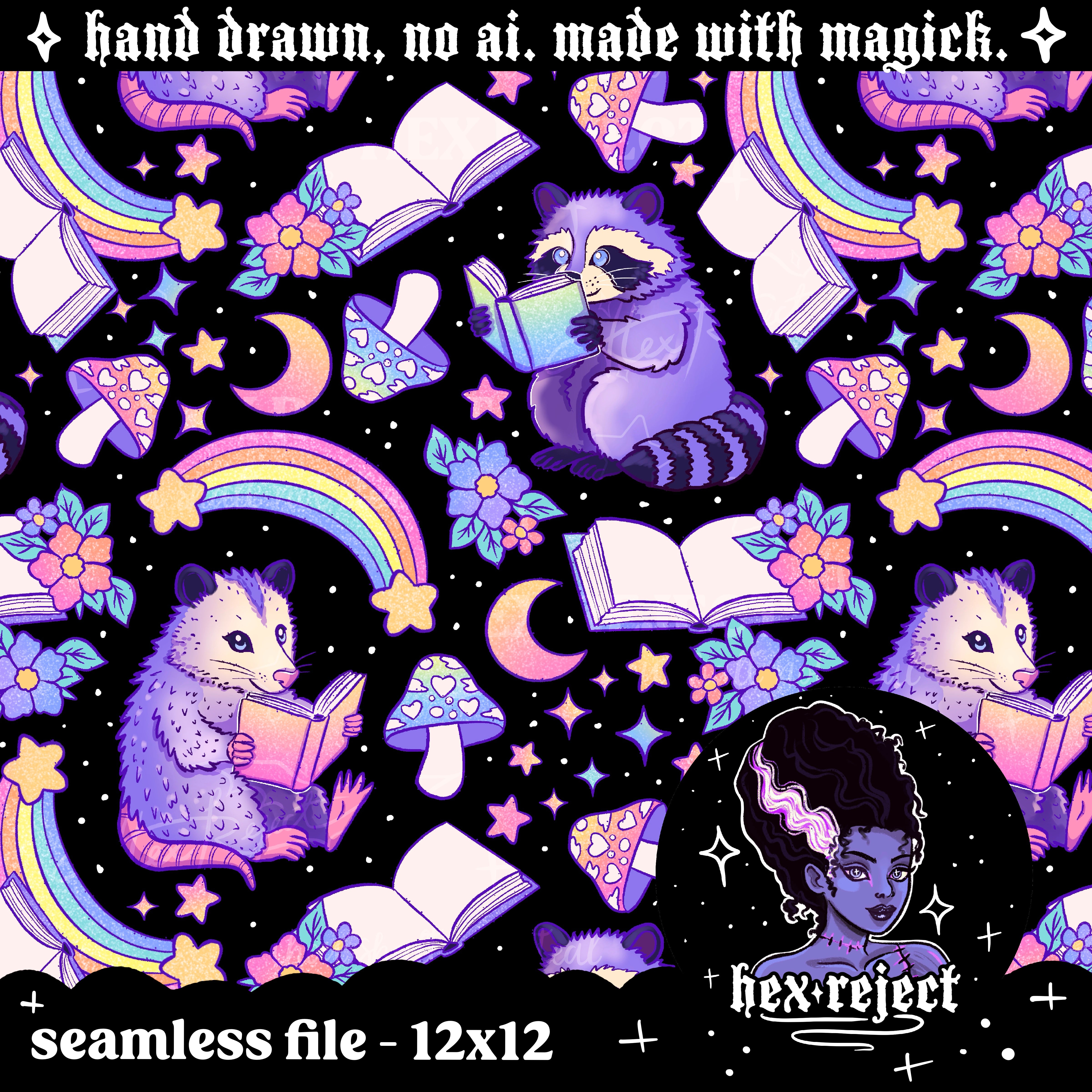 Trashy - reading raccoons and opossums - Seamless & png file - 14 days of yuck