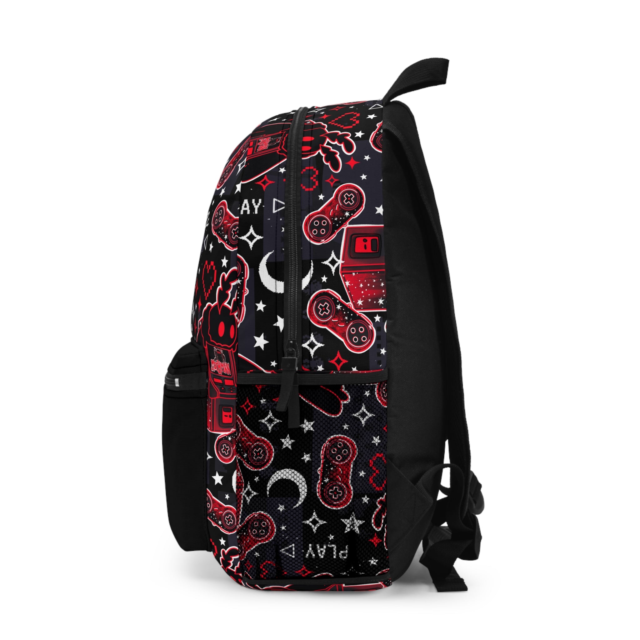 Mothman Gaming Backpack — Retro Controllers, Hearts & "Play" Pattern