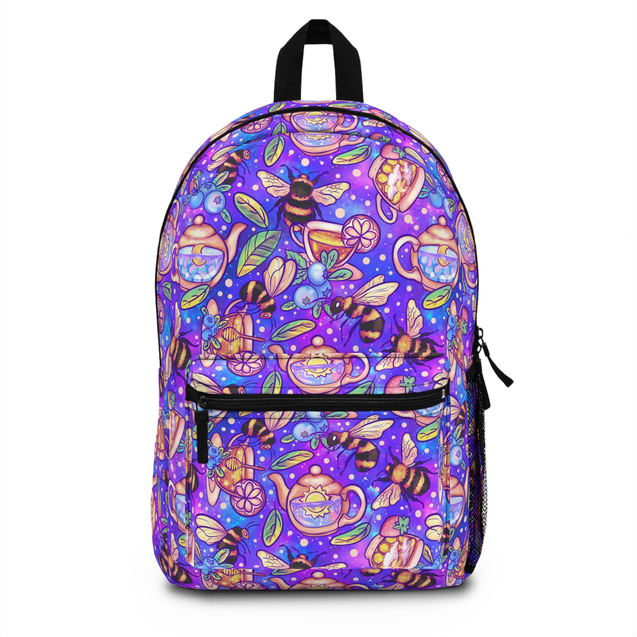 Purple Bees, Teas & Galaxies Backpack — Cute Floral Tea Party Print, Colorful School Bag