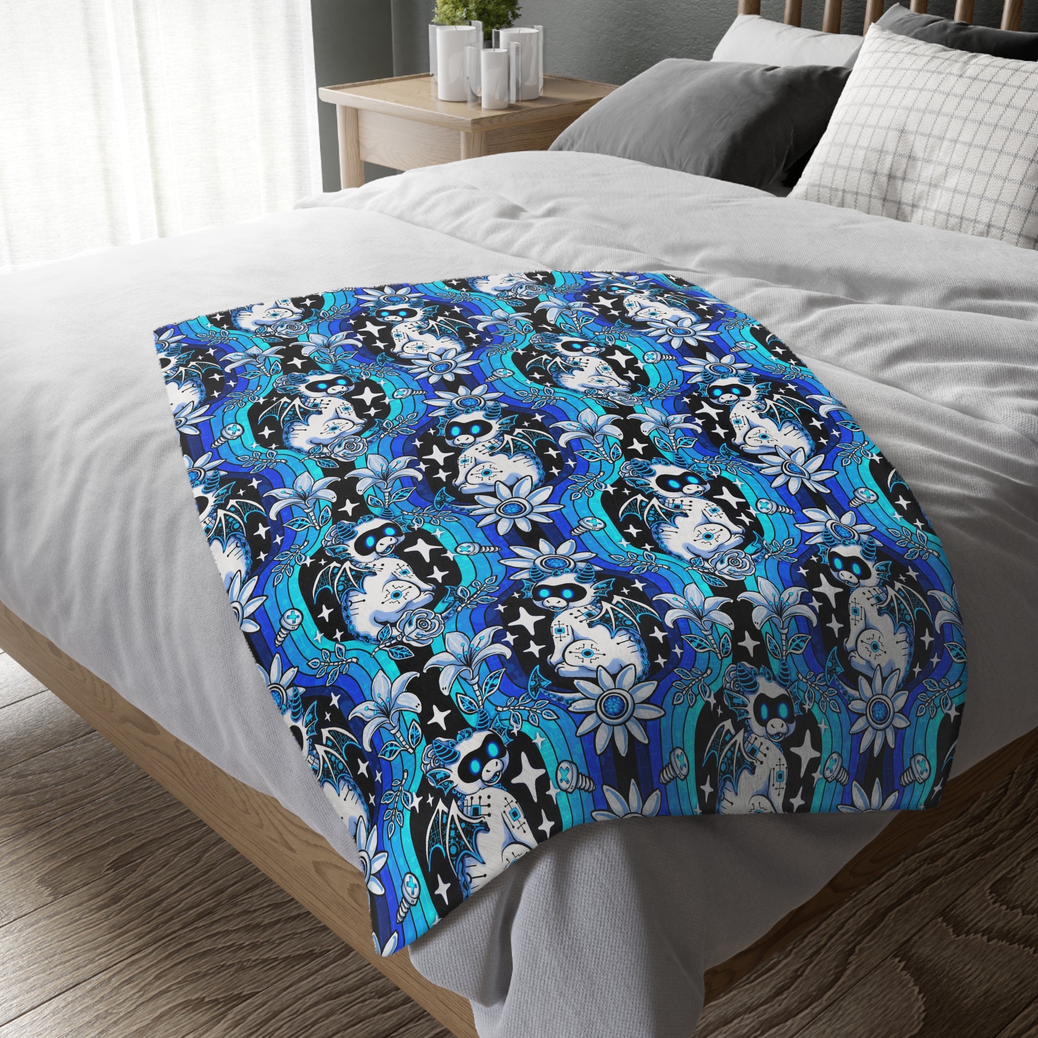 Mystic Robotic Dragon Moon Blanket — Reversible Blue Celestial Microfiber Throw