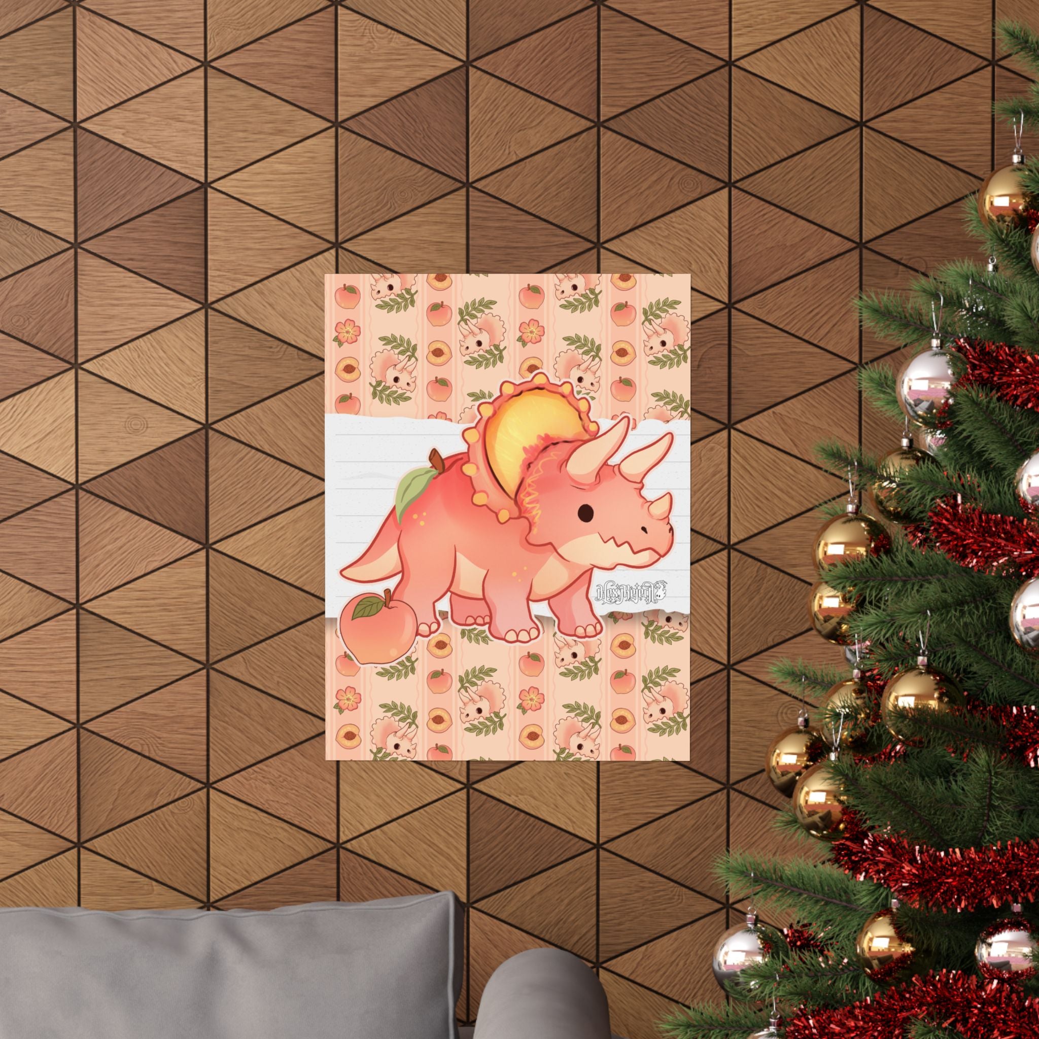 Peach Triceratops Dinosaur Matte Vertical Poster Art Print. Peachasaurus.