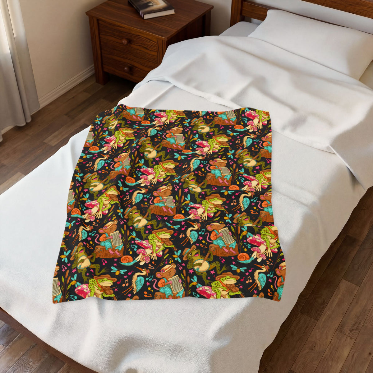 Swamp Jamboree Velveteen Plush Blanket — Colorful Frog Bluegrass Dopamine Band Pattern