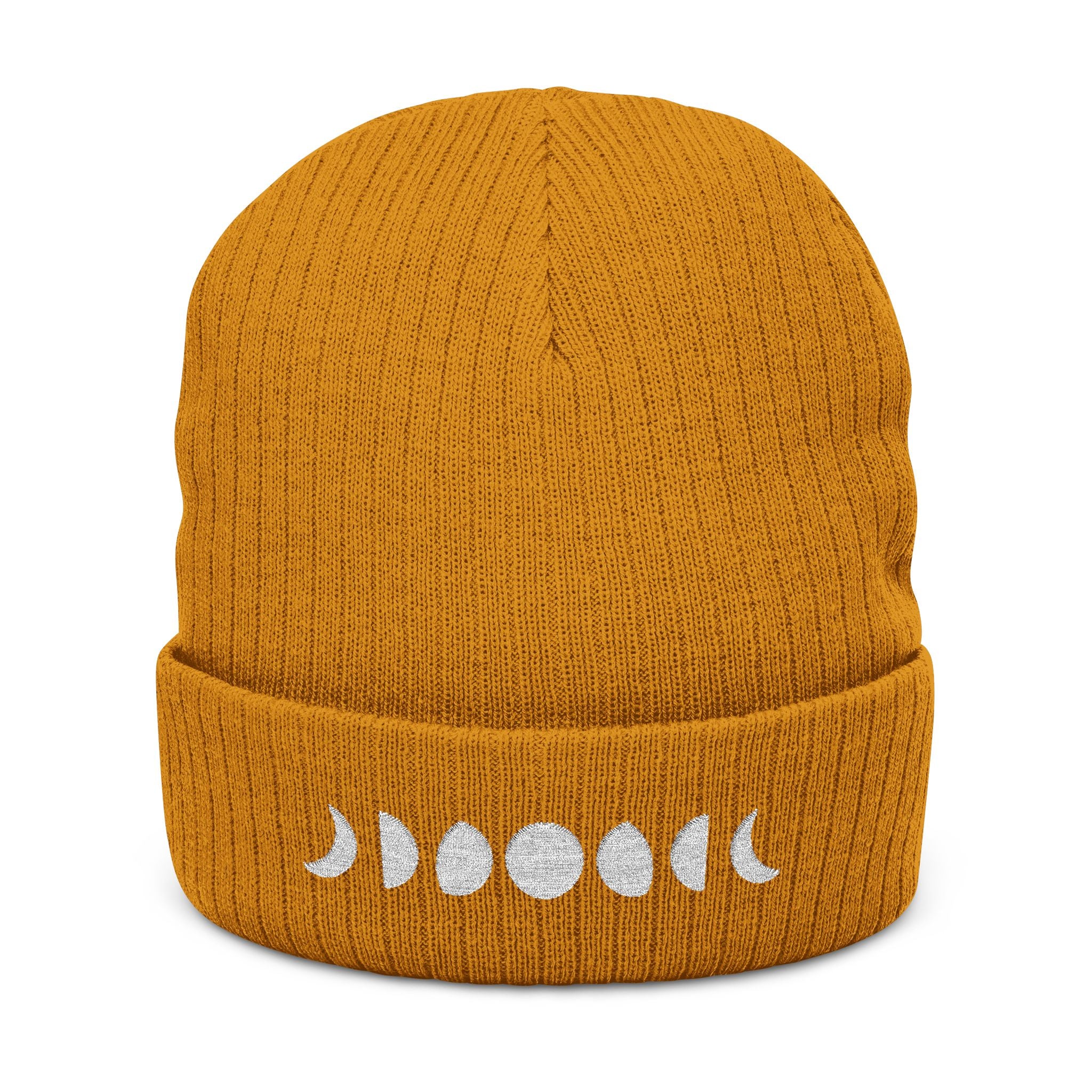 Moon Phases Ribbed Knit Beanie – Stylish Embroidered Cap for All Seasons