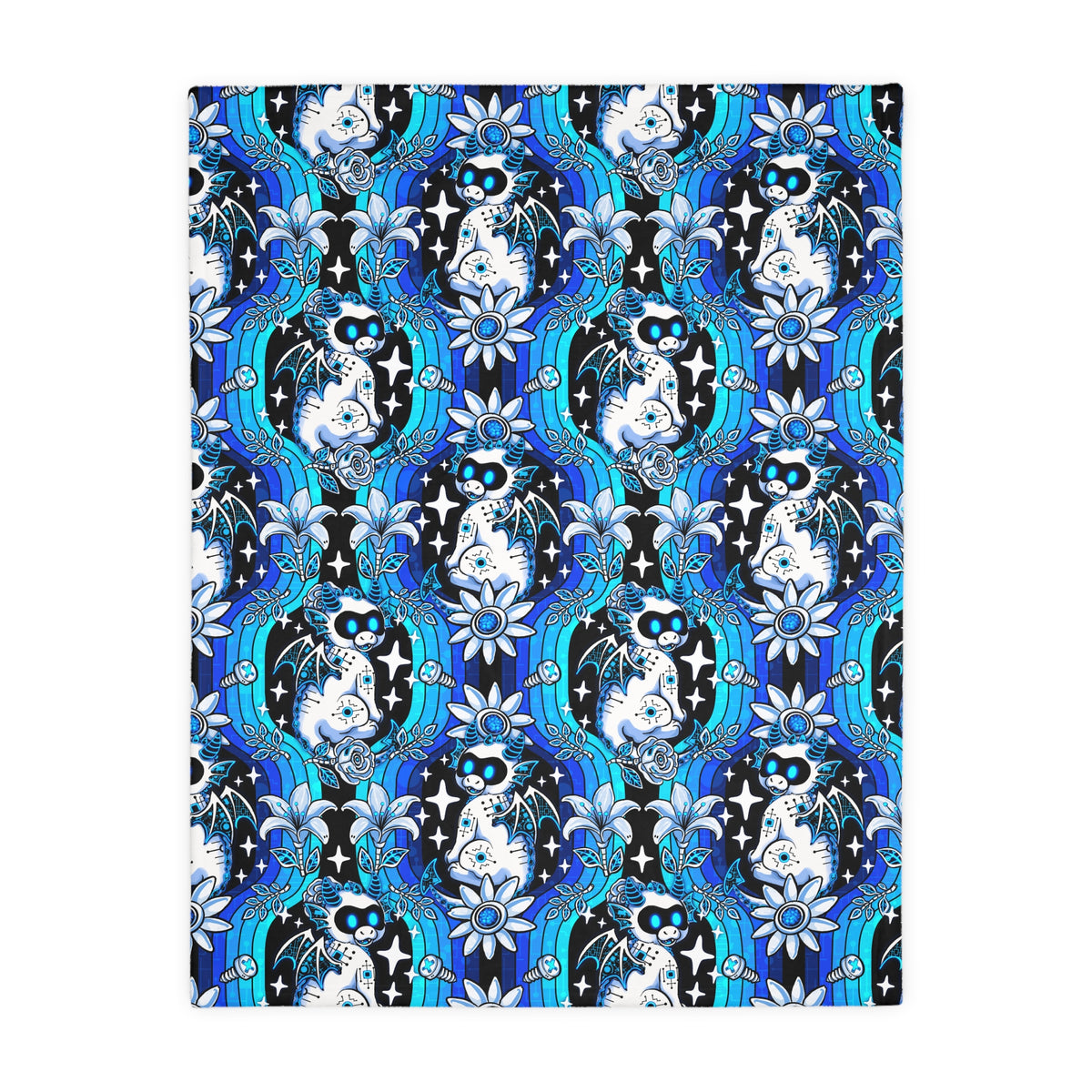 Mystic Robotic Dragon Moon Blanket — Reversible Blue Celestial Microfiber Throw