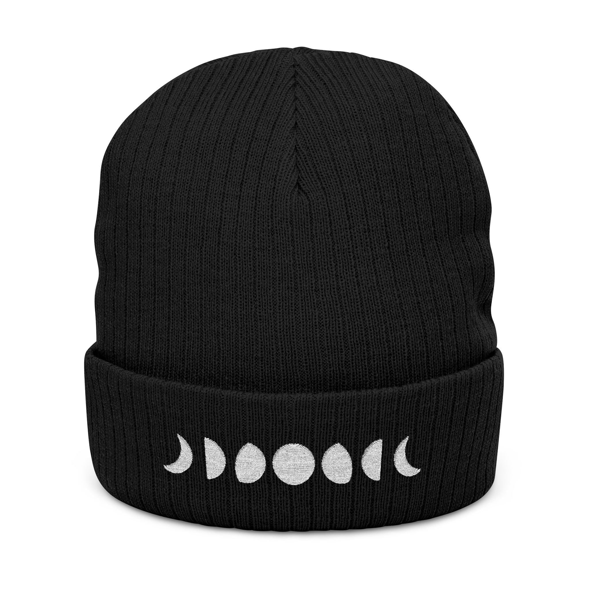 Moon Phases Ribbed Knit Beanie – Stylish Embroidered Cap for All Seasons