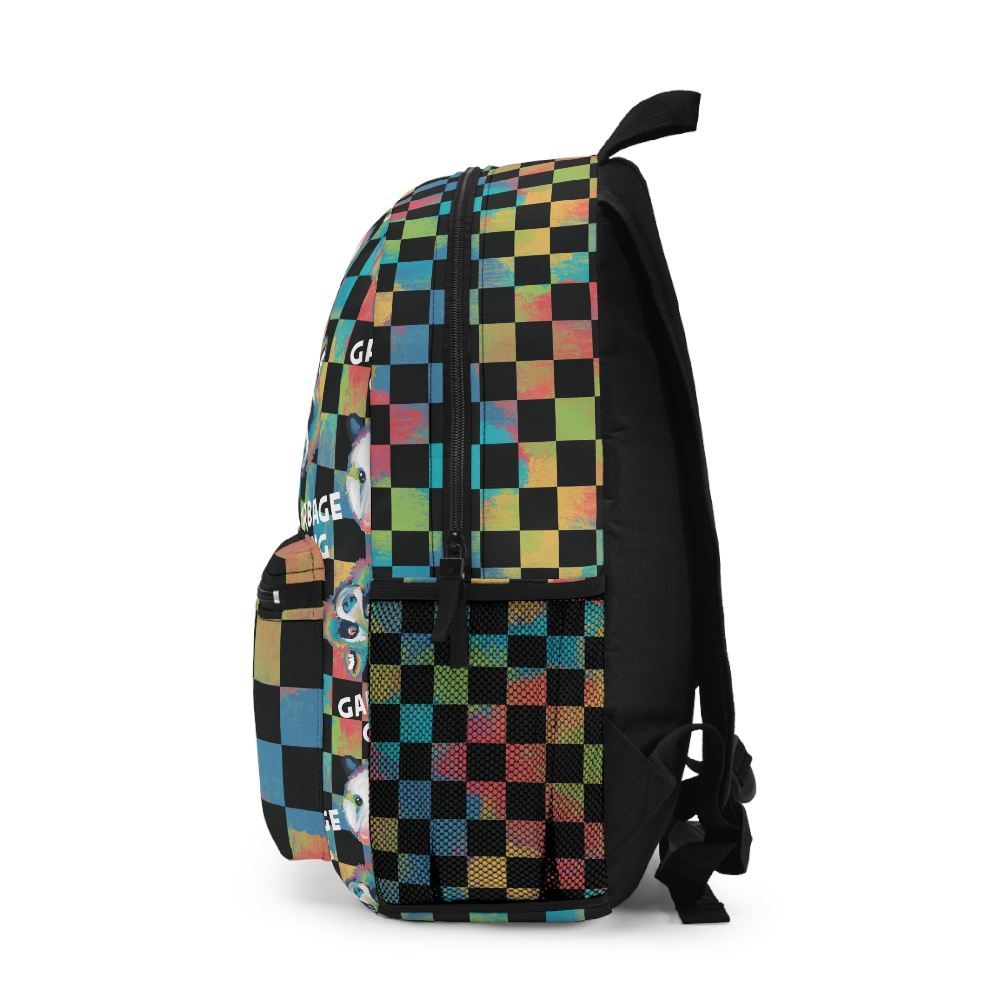 Checkerboard Raccoon "Garbage Gang" Backpack — Colorful Urban Streetwear Bag