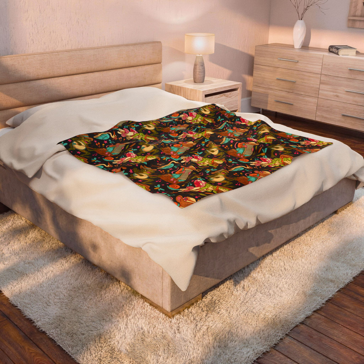 Swamp Jamboree Velveteen Plush Blanket — Colorful Frog Bluegrass Dopamine Band Pattern