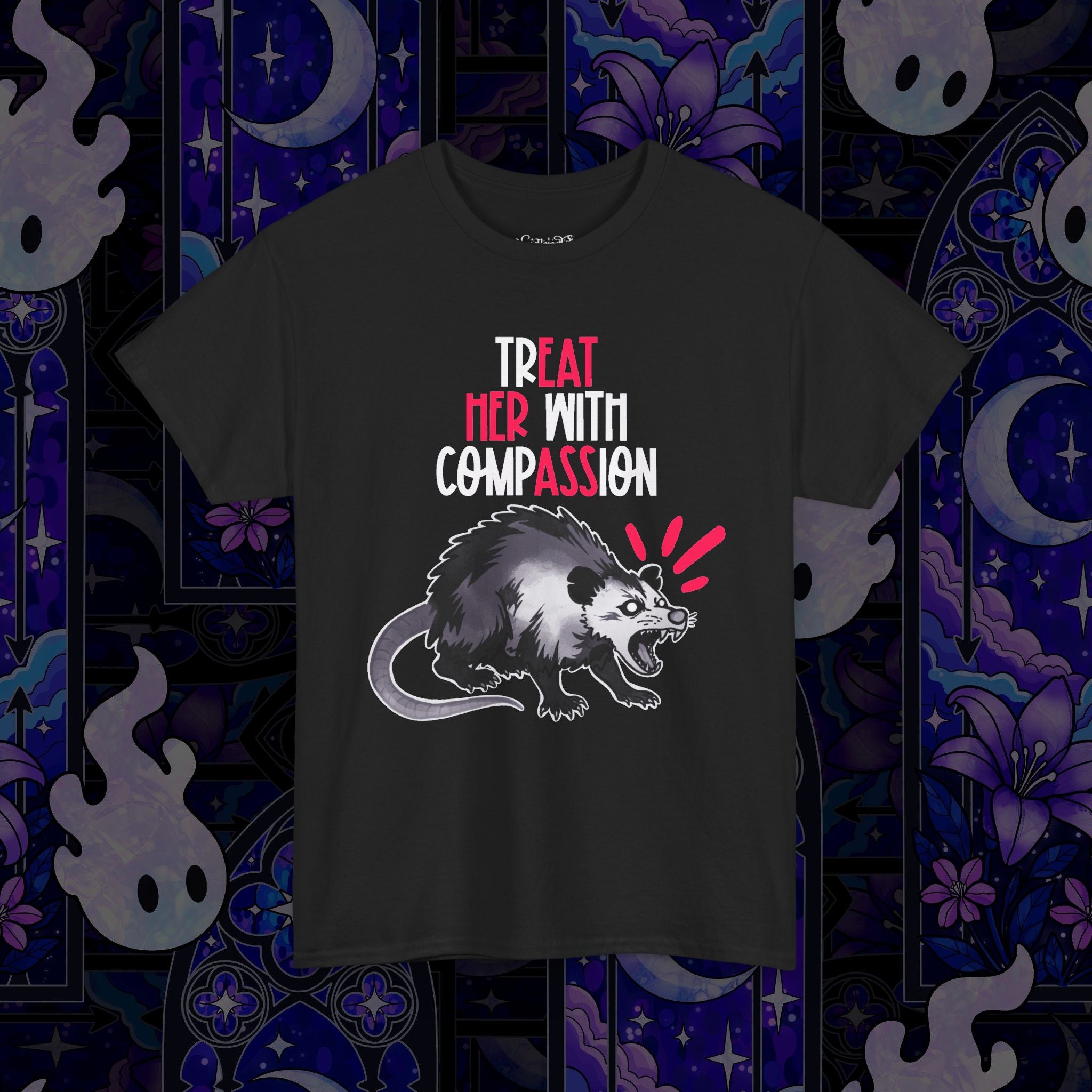 Treat Her With Compassion Opossum Tee — 'Treat Her With Compassion / Eat Her Ass' Graphic Tee Shirt