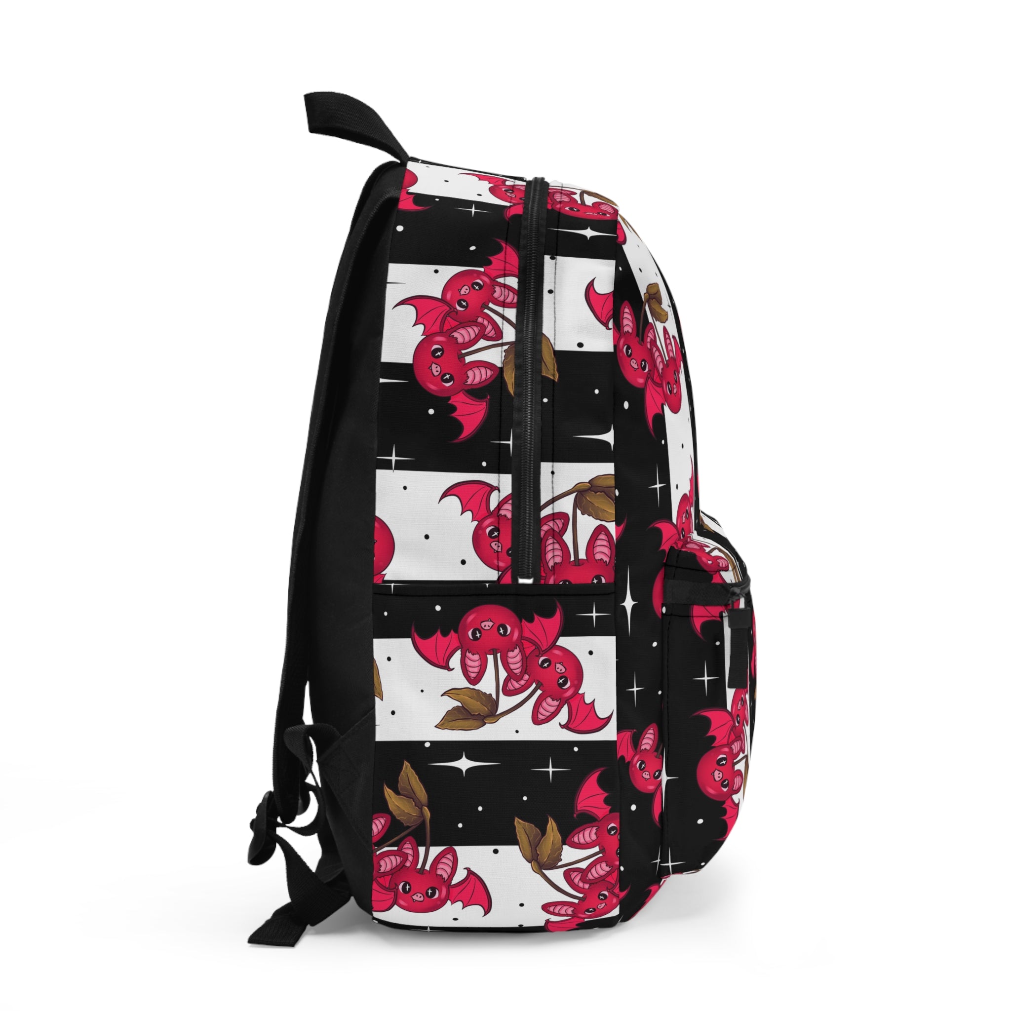 Cherry Fruit Bat Pattern Backpack — Cute Red Bat Striped School Bag