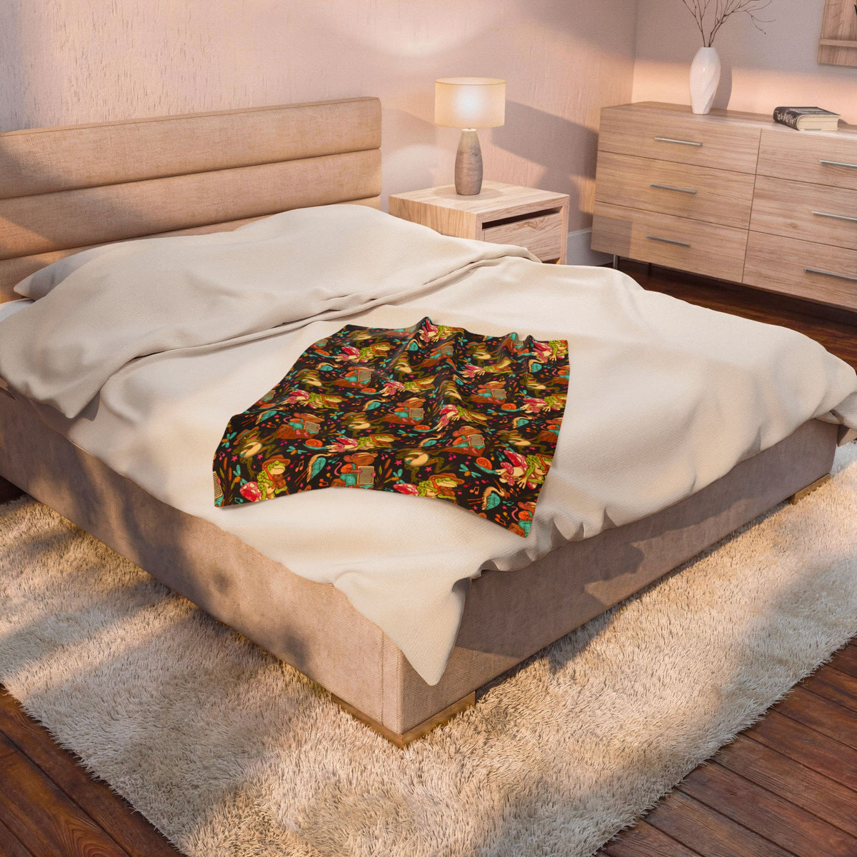 Swamp Jamboree Velveteen Plush Blanket — Colorful Frog Bluegrass Dopamine Band Pattern