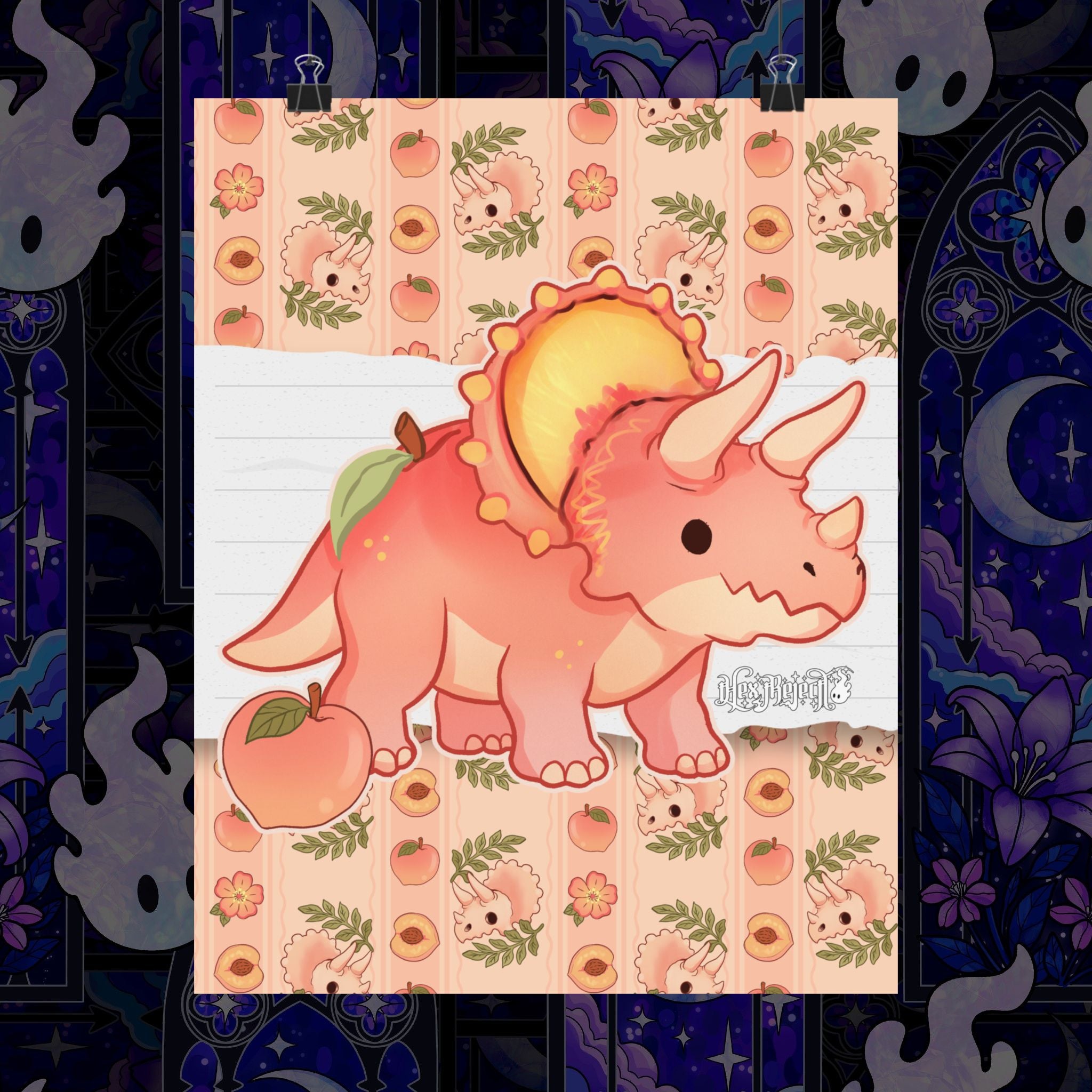 Peach Triceratops Dinosaur Matte Vertical Poster Art Print. Peachasaurus.