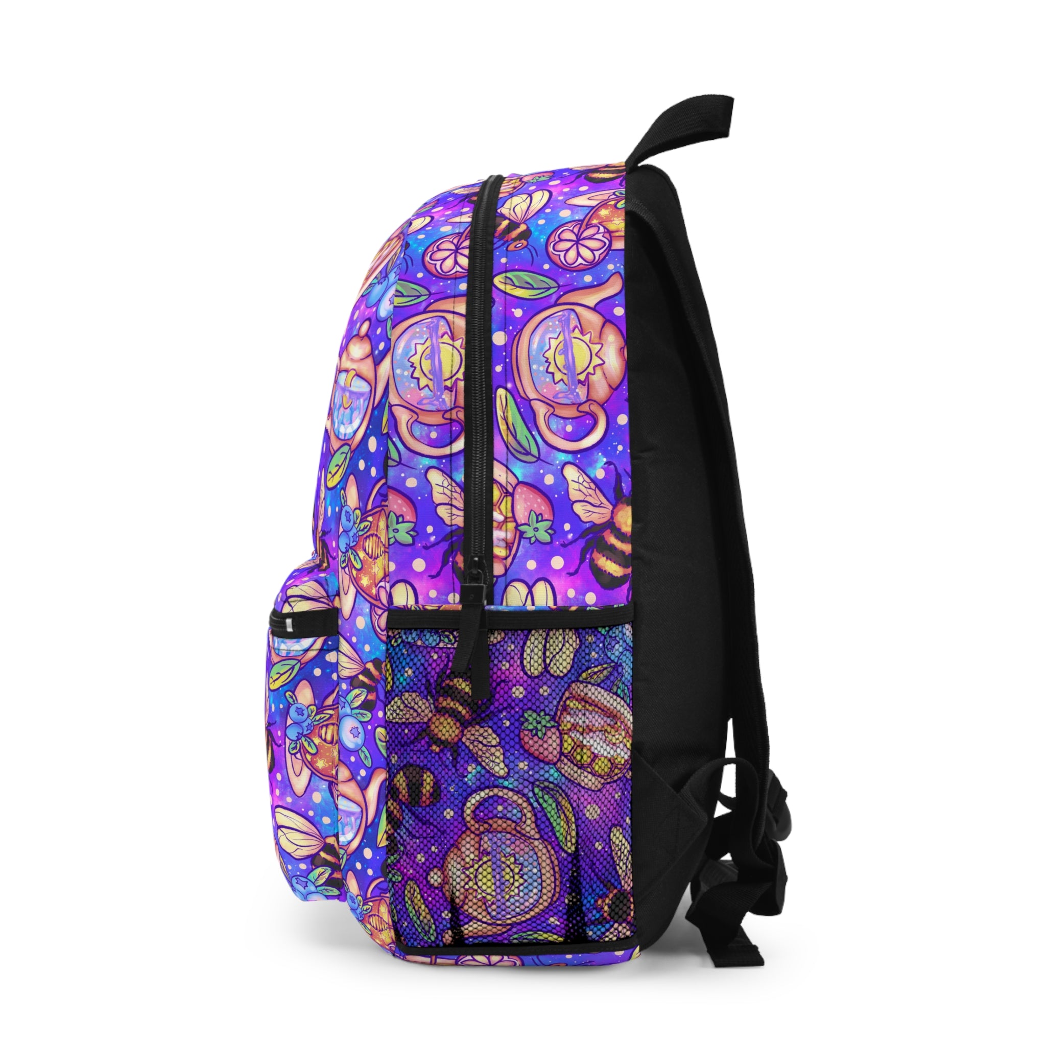 Purple Bees, Teas & Galaxies Backpack — Cute Floral Tea Party Print, Colorful School Bag