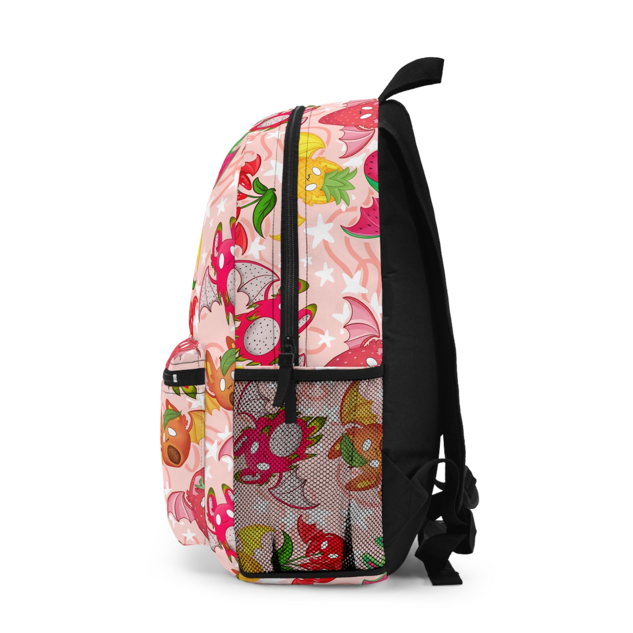 Cute Fruit Bat Pattern Backpack — Pink Strawberry & Pineapple Cartoon School Bag