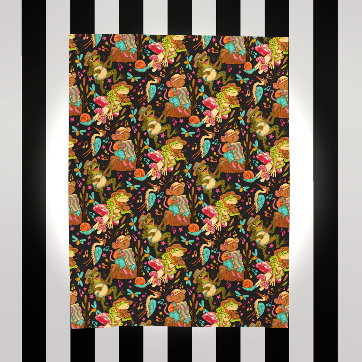 Swamp Jamboree Velveteen Plush Blanket — Colorful Frog Bluegrass Dopamine Band Pattern