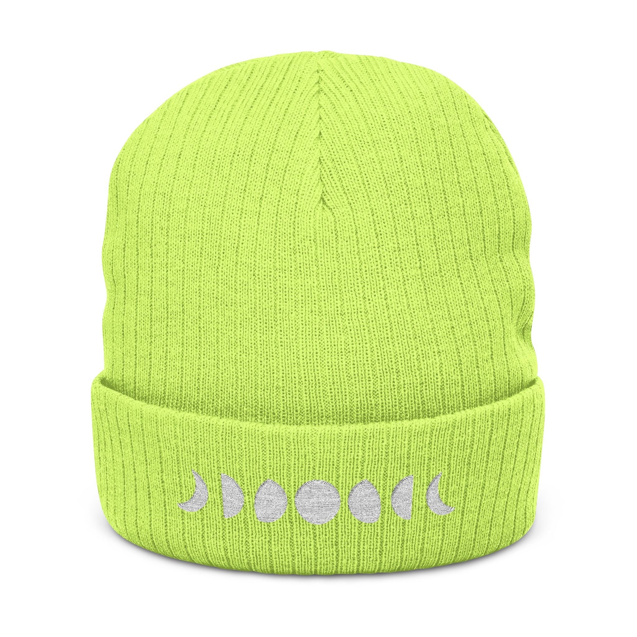 Moon Phases Ribbed Knit Beanie – Stylish Embroidered Cap for All Seasons