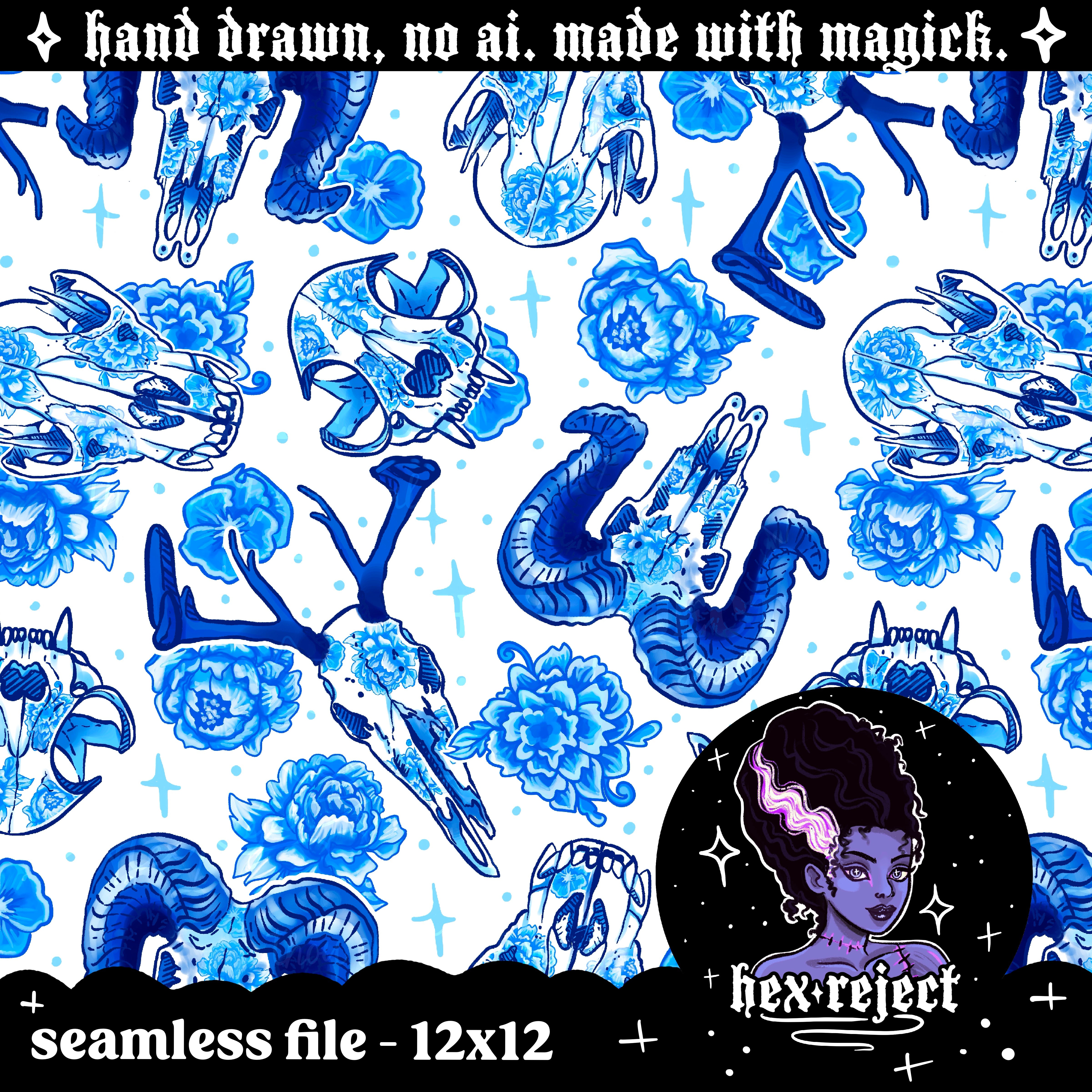 Oddities - blue porcelain skulls - Seamless & PNG files - Hextober 2025