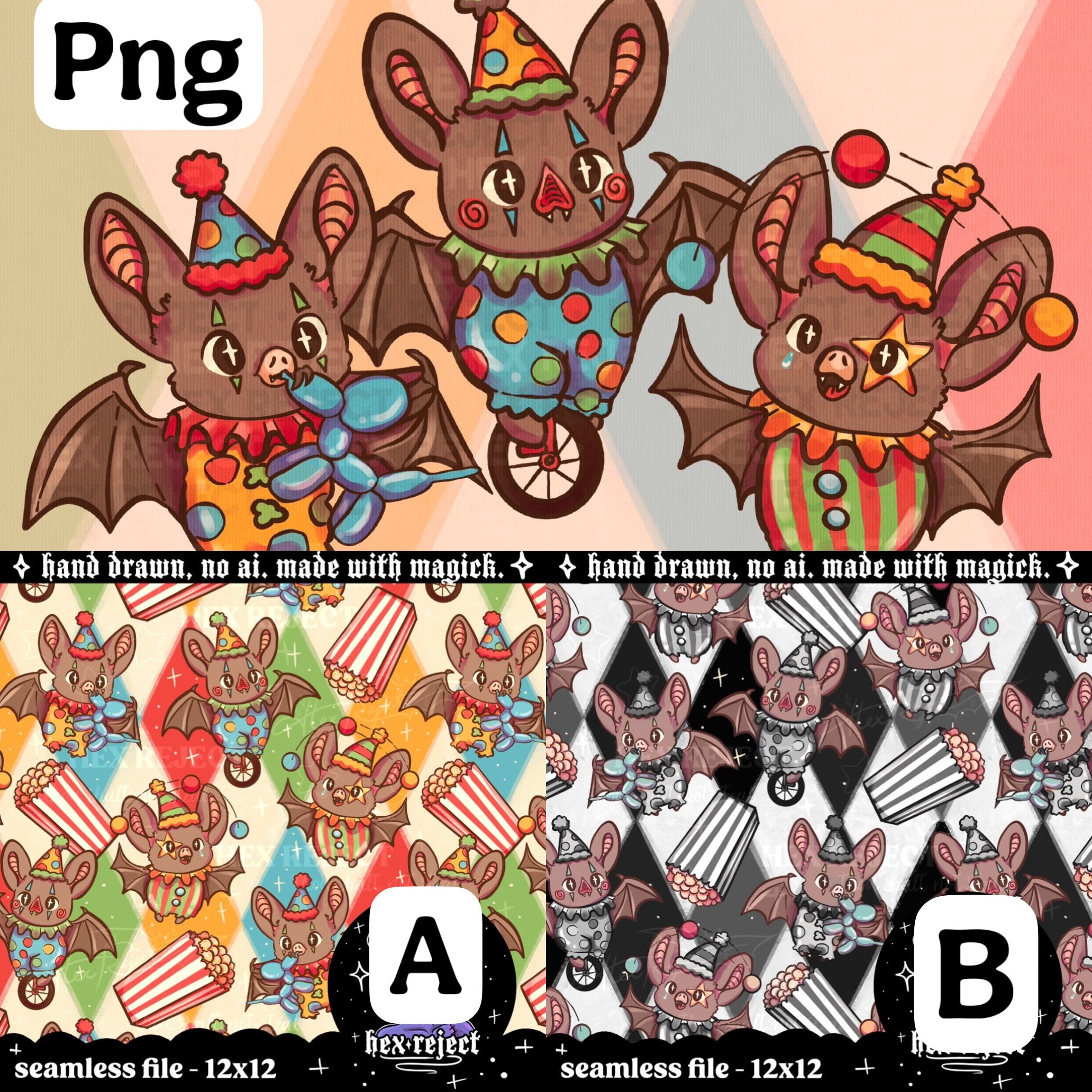Circus Bats - cirque - Seamless & PNG files - Hextober 2025