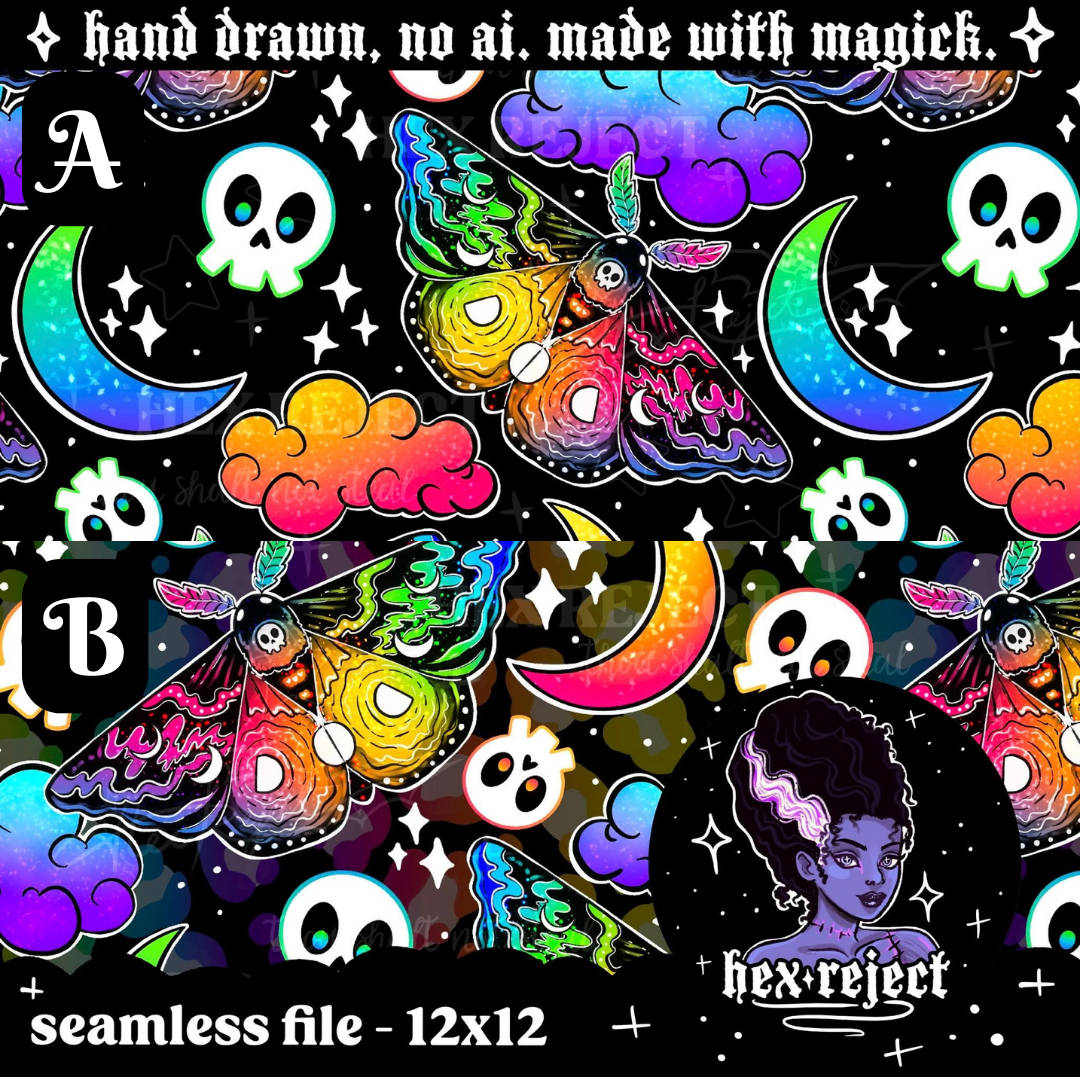 Rainbow Goth Moth Revamp - Seamless & PNG files - Hexmas Advent Calendar - Day 4