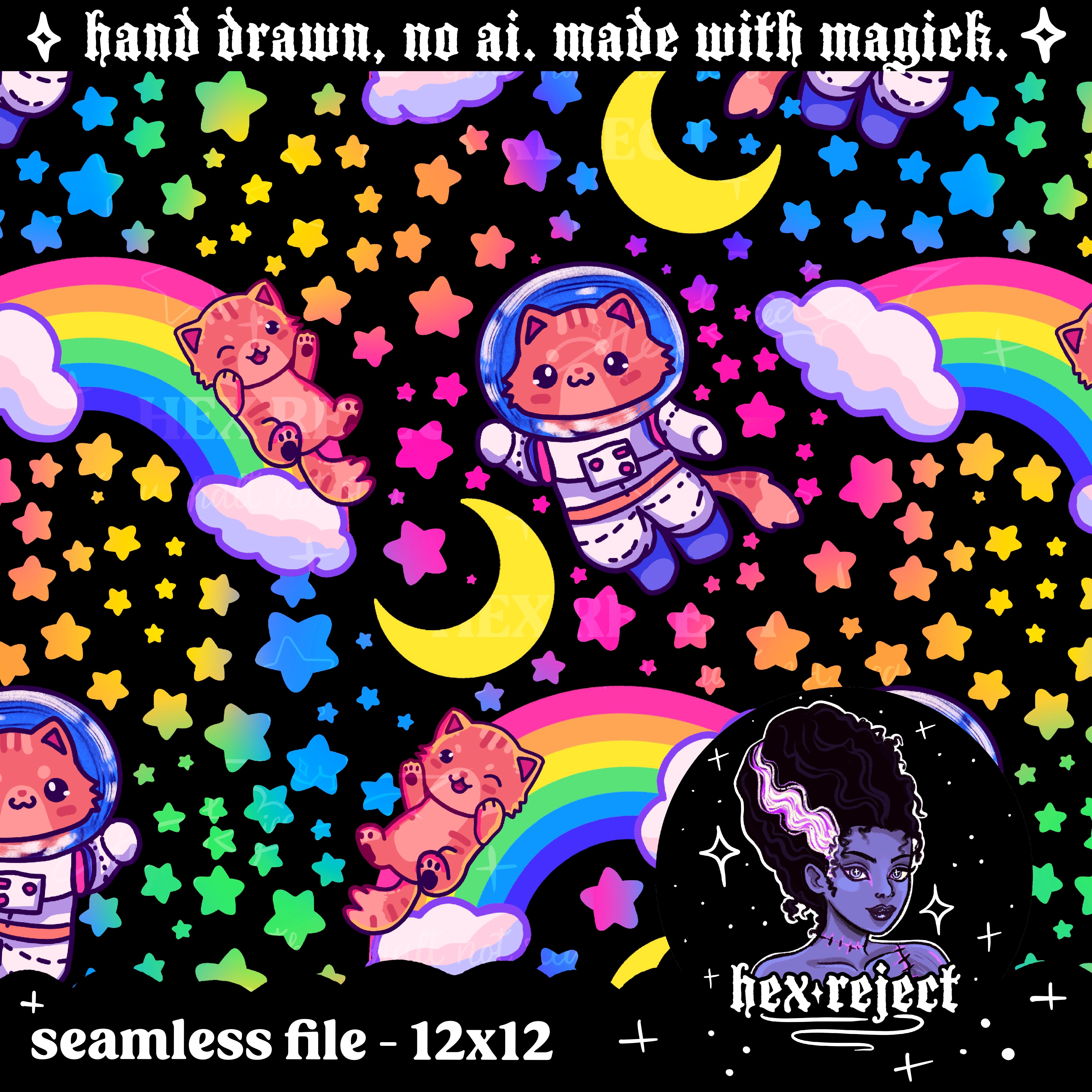 Rainbow space kitties - Seamless & png file - 14 days of yuck