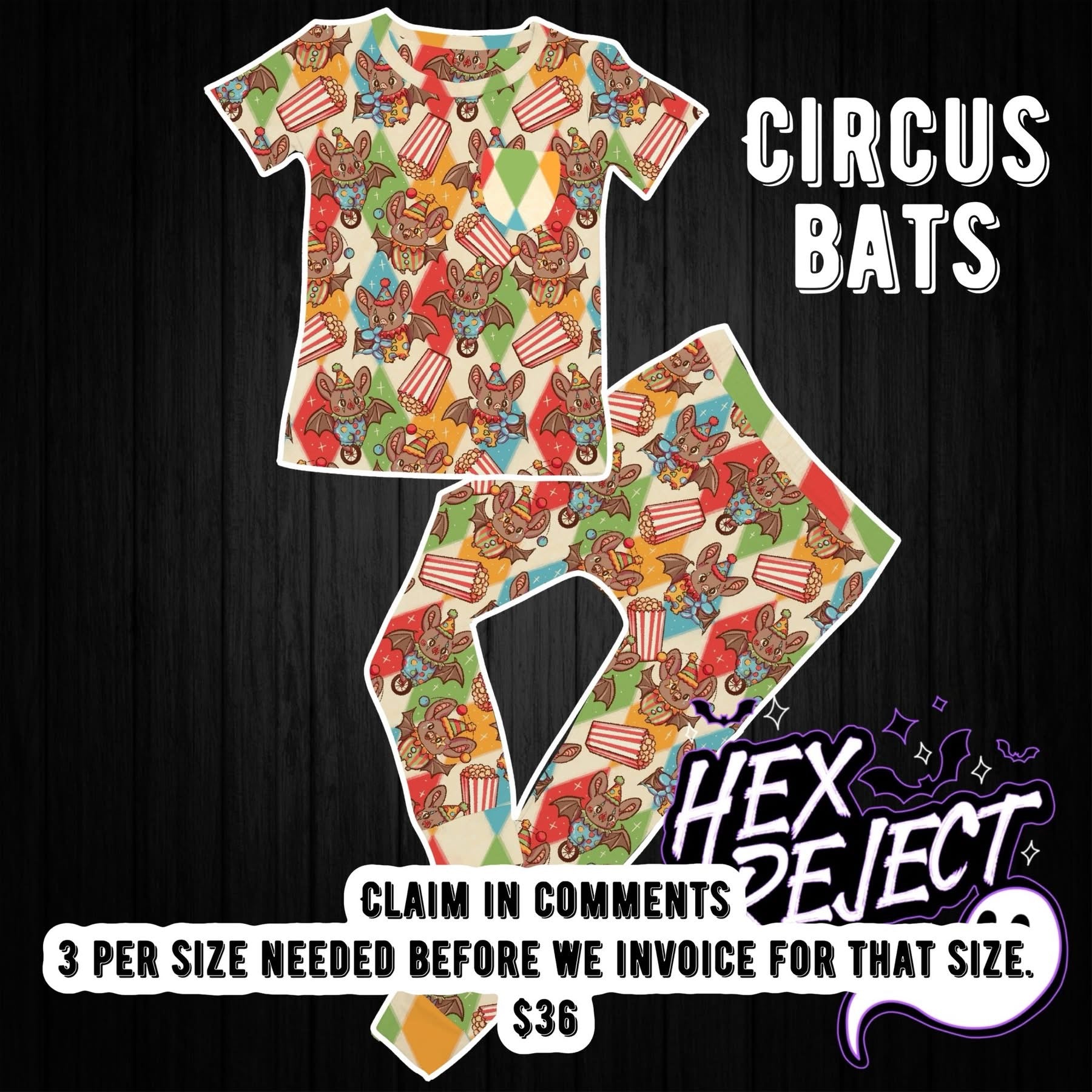 Circus Bats two piece set - pre.order available by CLAIM thread only - inventory for sizes opens when we meet minimum quota.