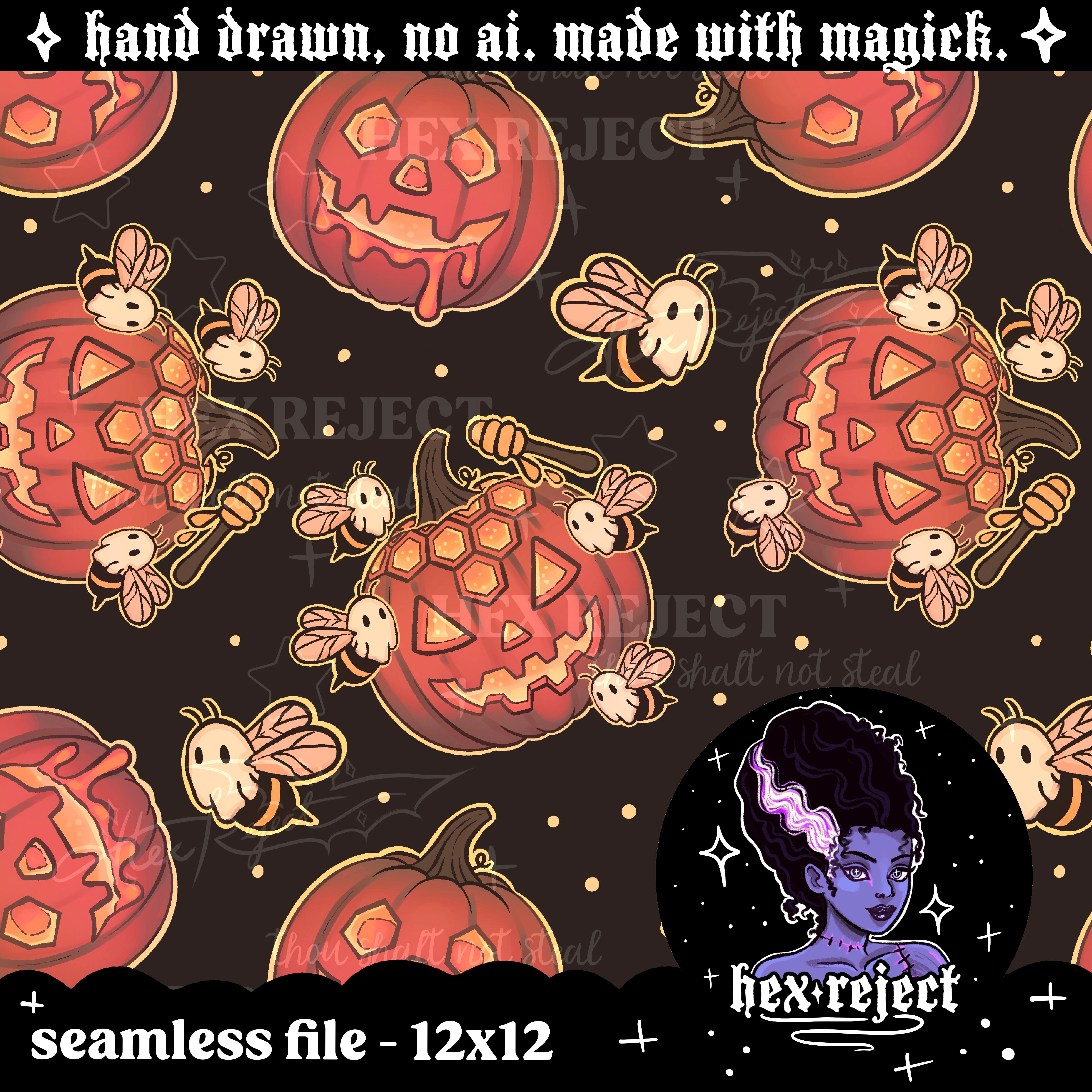 Honeycomb - Spooky Ghost Bees with Pumpkin - Seamless & PNG files - Hextober 2025