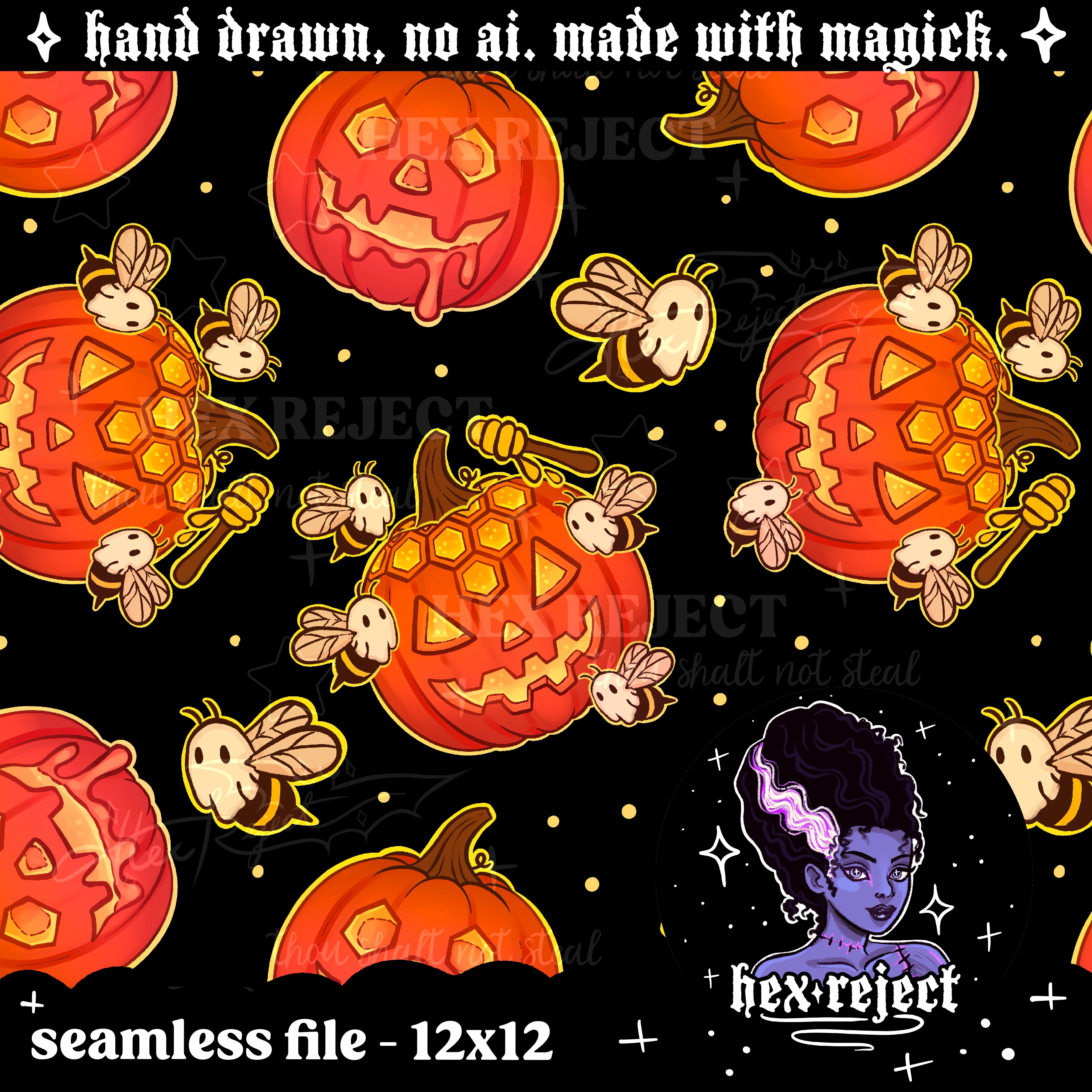 Honeycomb - Spooky Ghost Bees with Pumpkin - Seamless & PNG files - Hextober 2025