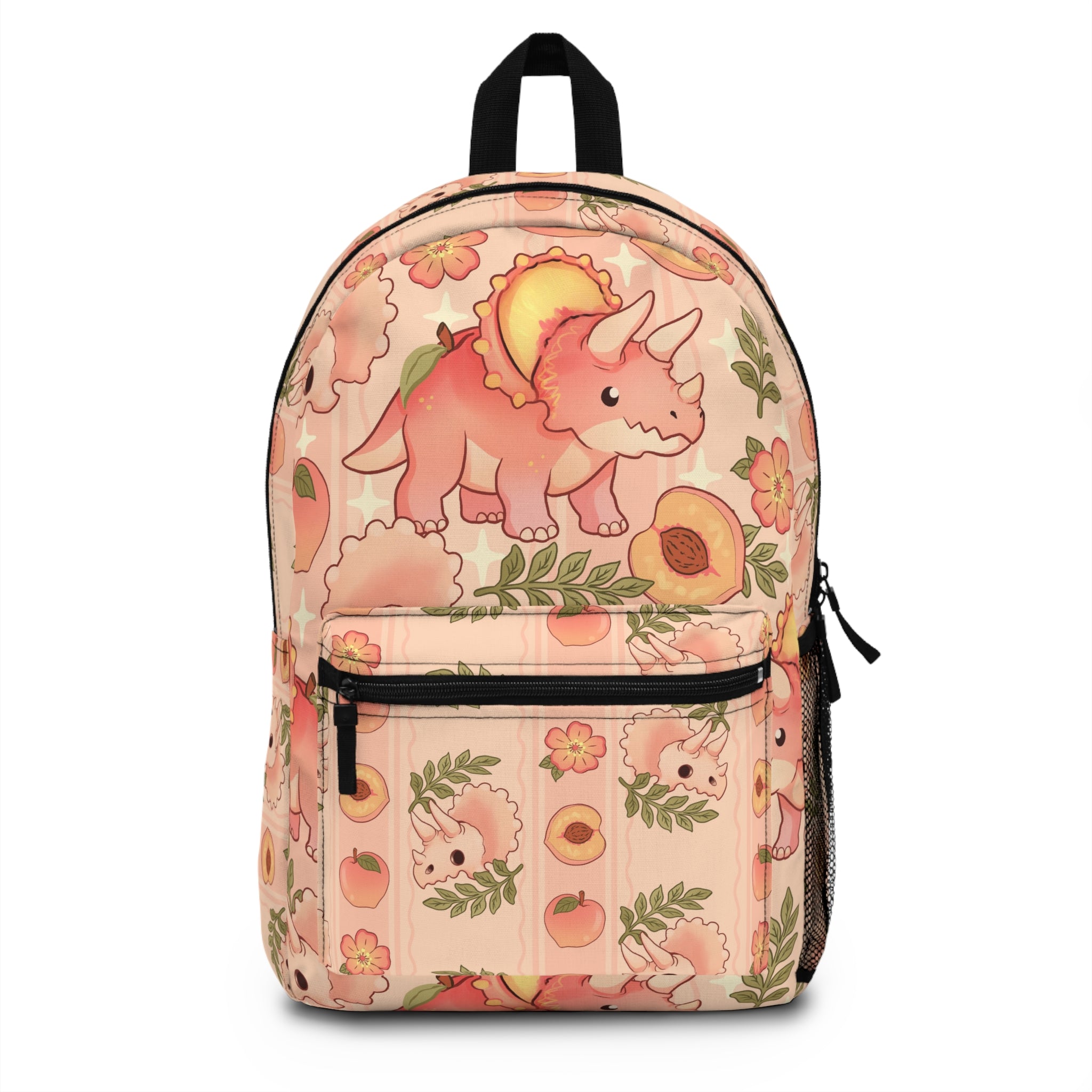 Cute Peach Triceratops Backpack — Pink Floral Dino School Bag