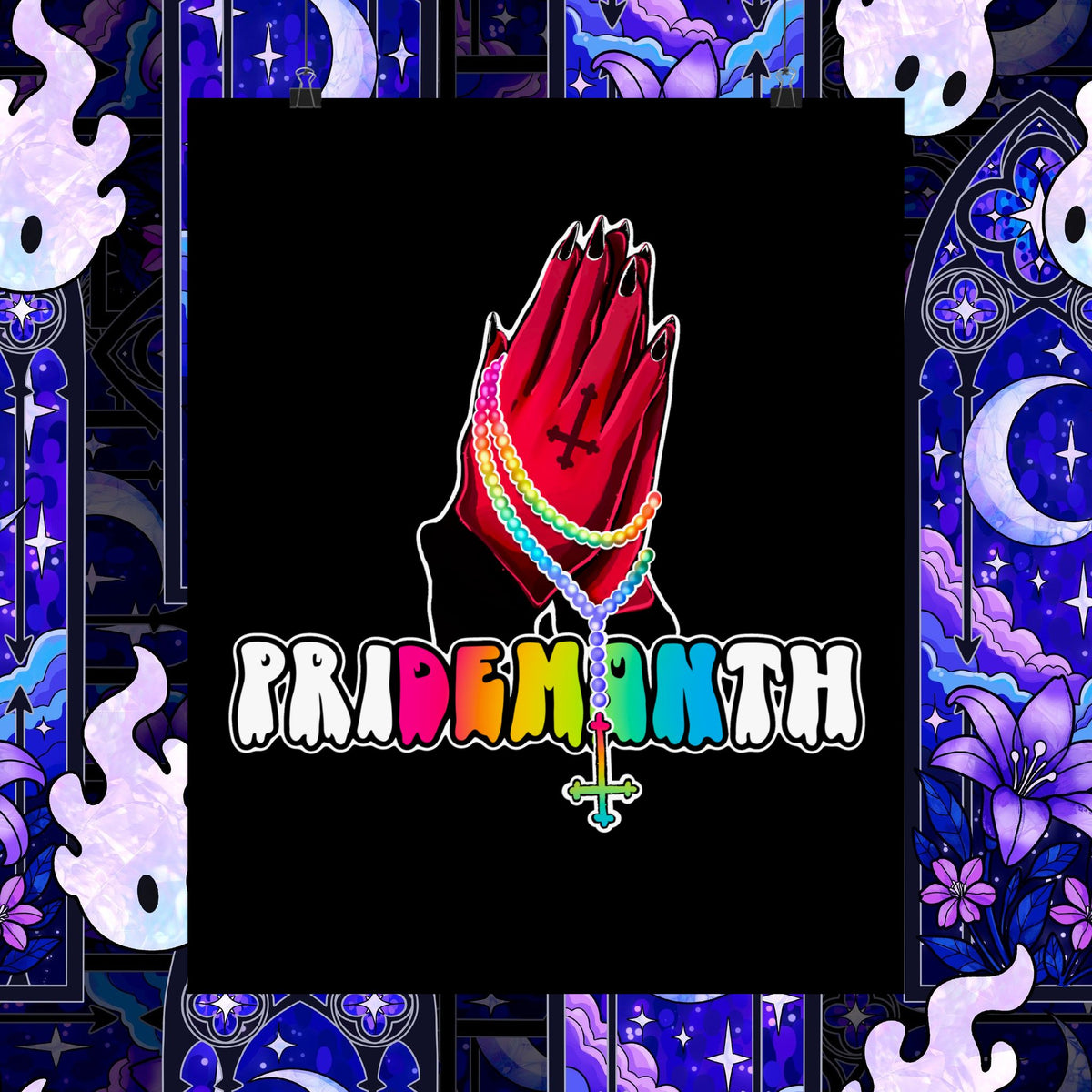 priDEMONth Poster — Rainbow 'Pride Month' Praying Hands Matte Vertical Poster